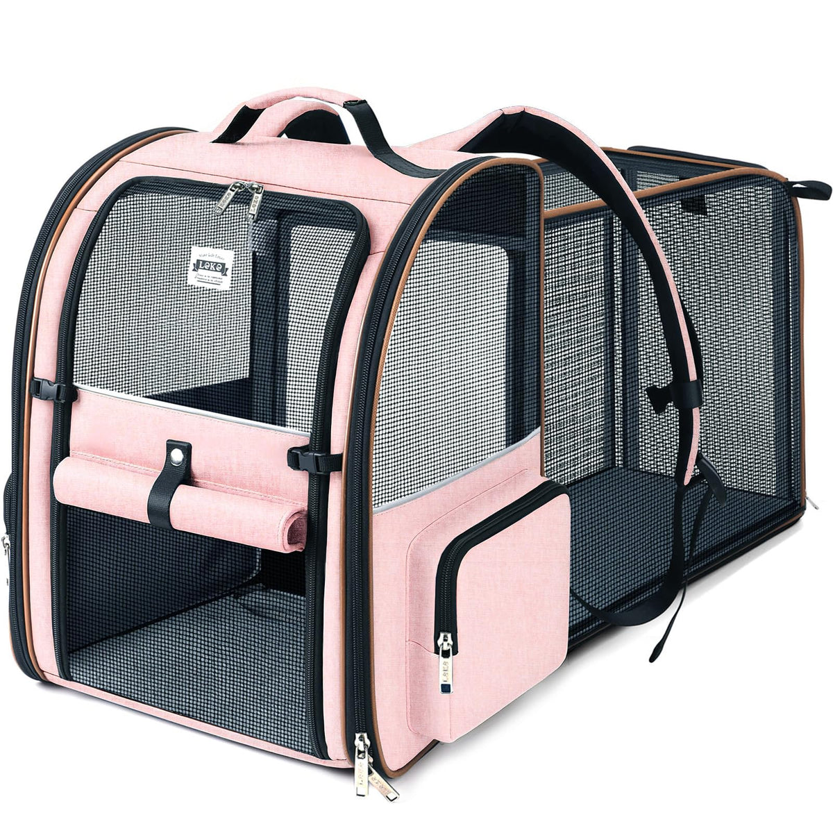 Lekebobor sac porteur chat rose ouvert, ventilation optimale.