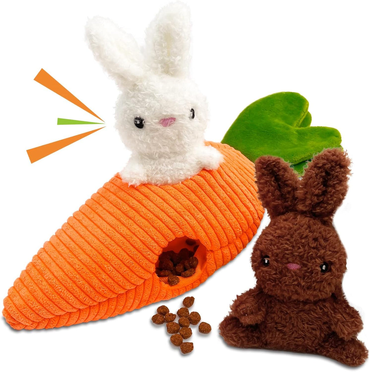 Jouet Lepawit Paques: carotte cachée et 2 lapins sifflants pour stimulation mentale.