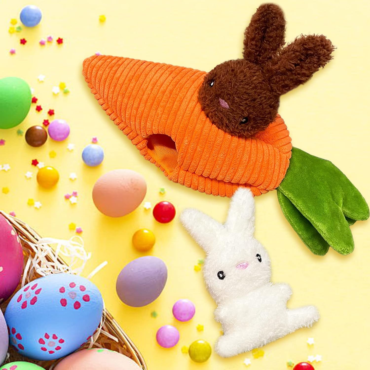 Jouet Lepawit Paques: peluche lapin doux et sifflet rond pour chien.