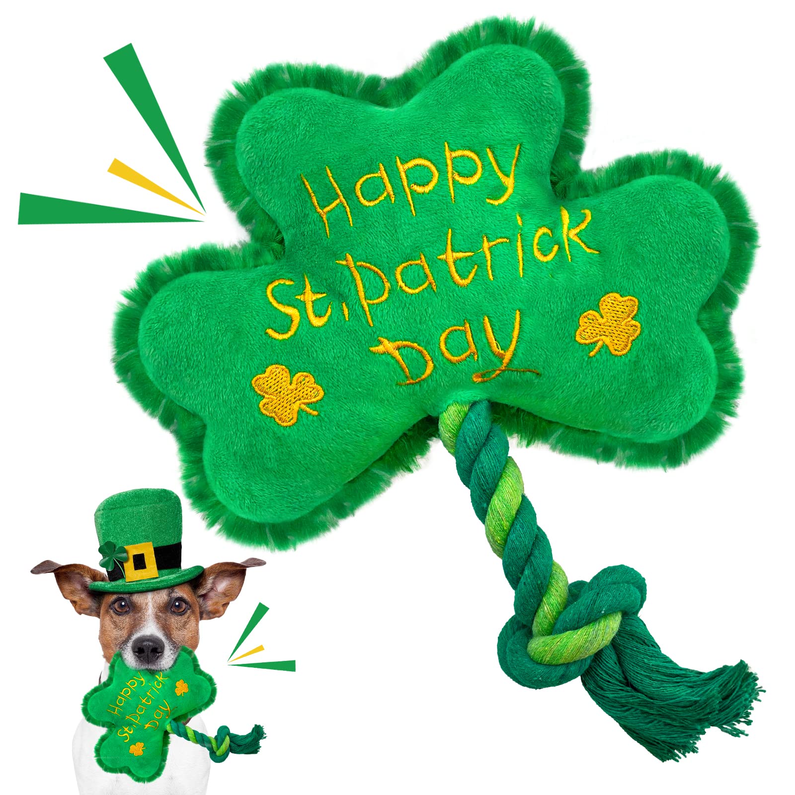 Jouet Lepawit Saint-Patrick pour chien avec sifflet et trèfle, stimulation ludique.