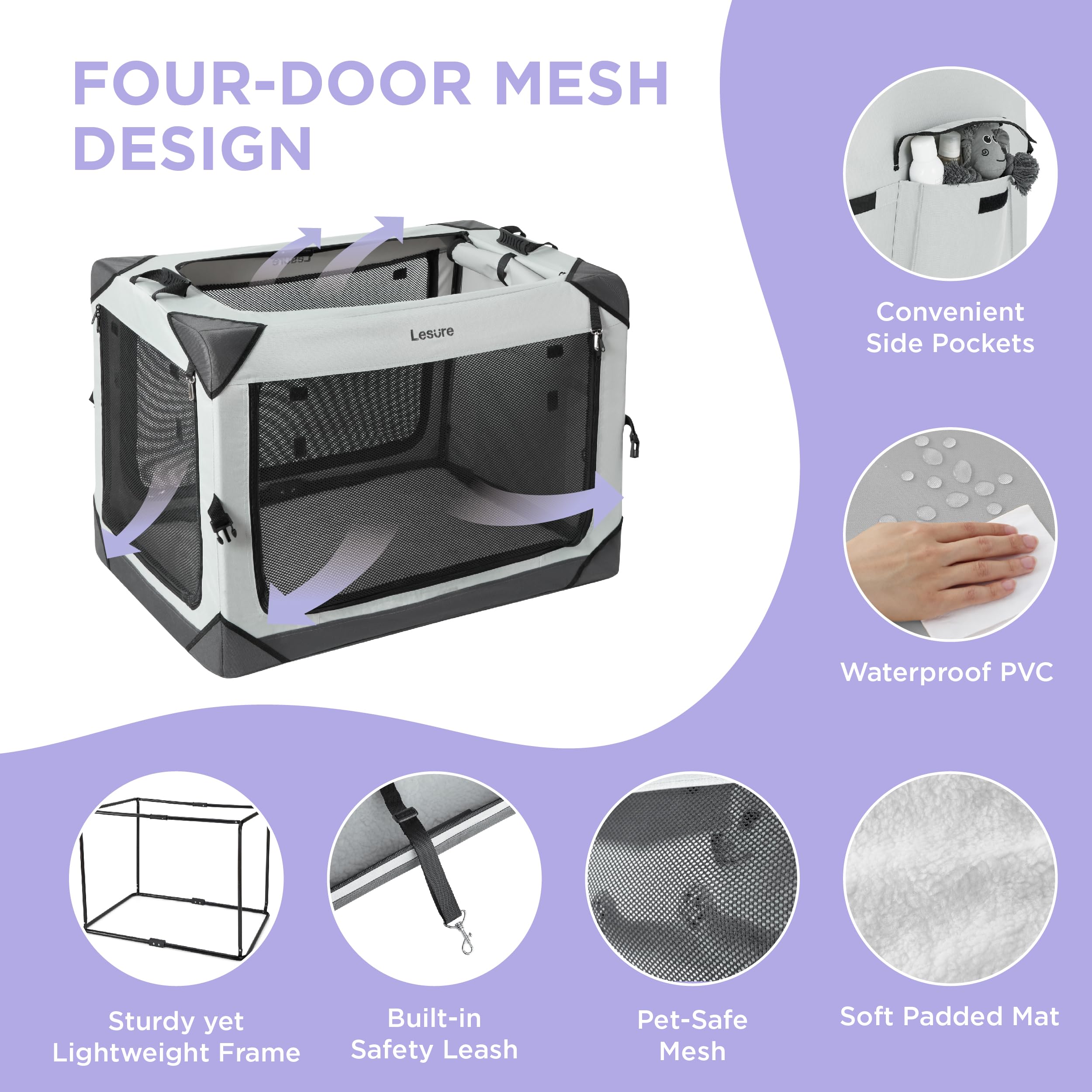 Cage pour chien pliable LE SURE avec poches latérales pour rangement.
