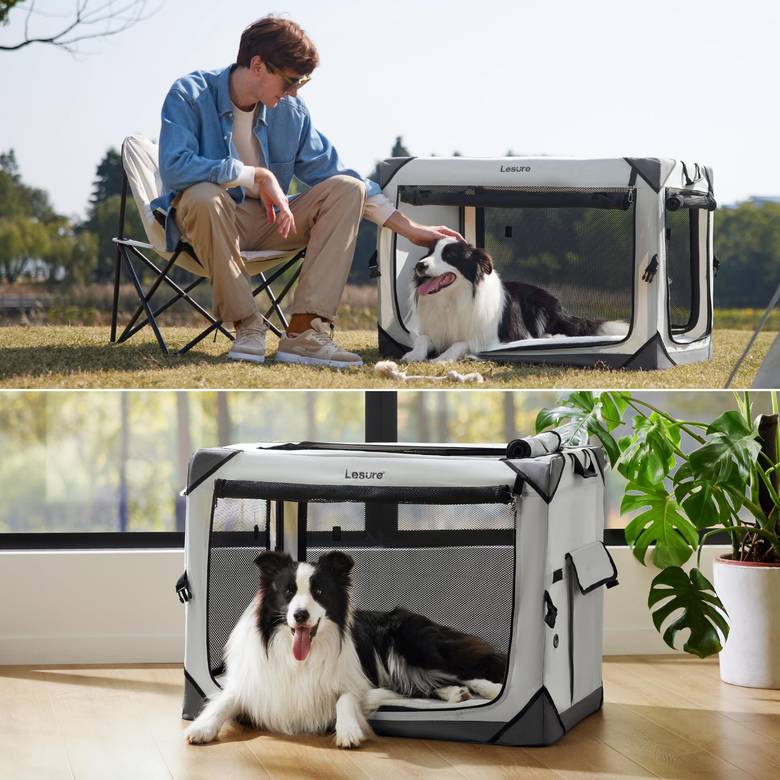 Cage pour chien pliable LE SURE avec poignée de transport pour déplacements faciles.