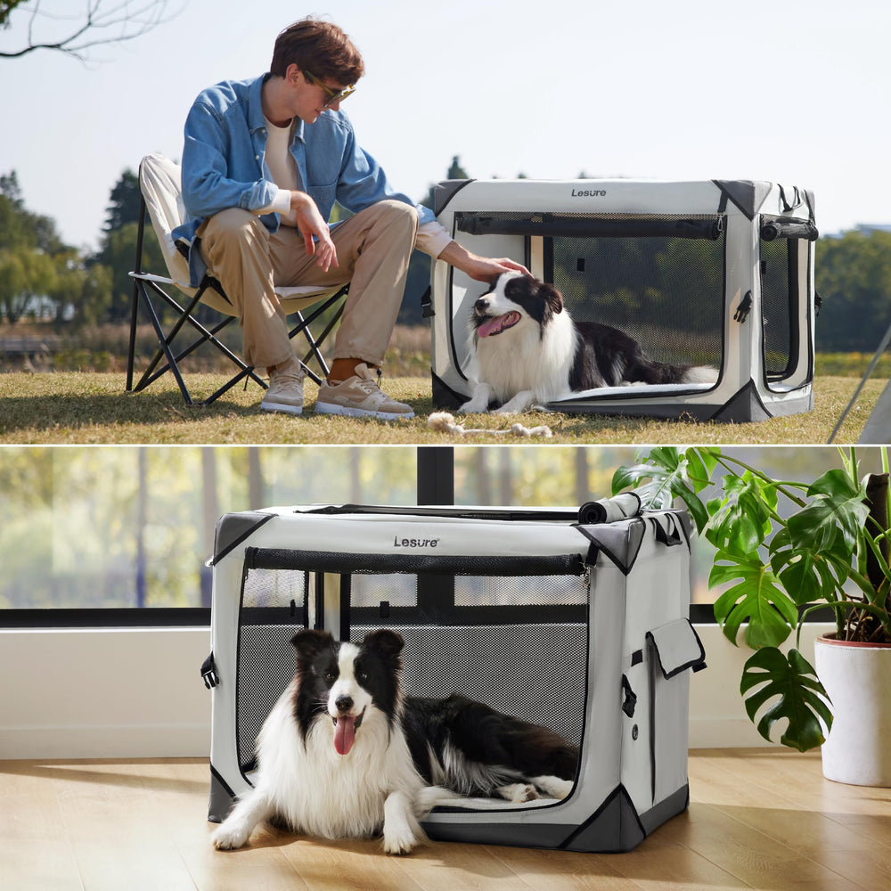 Cage pour chien pliable LE SURE avec poignée de transport pour déplacements faciles.