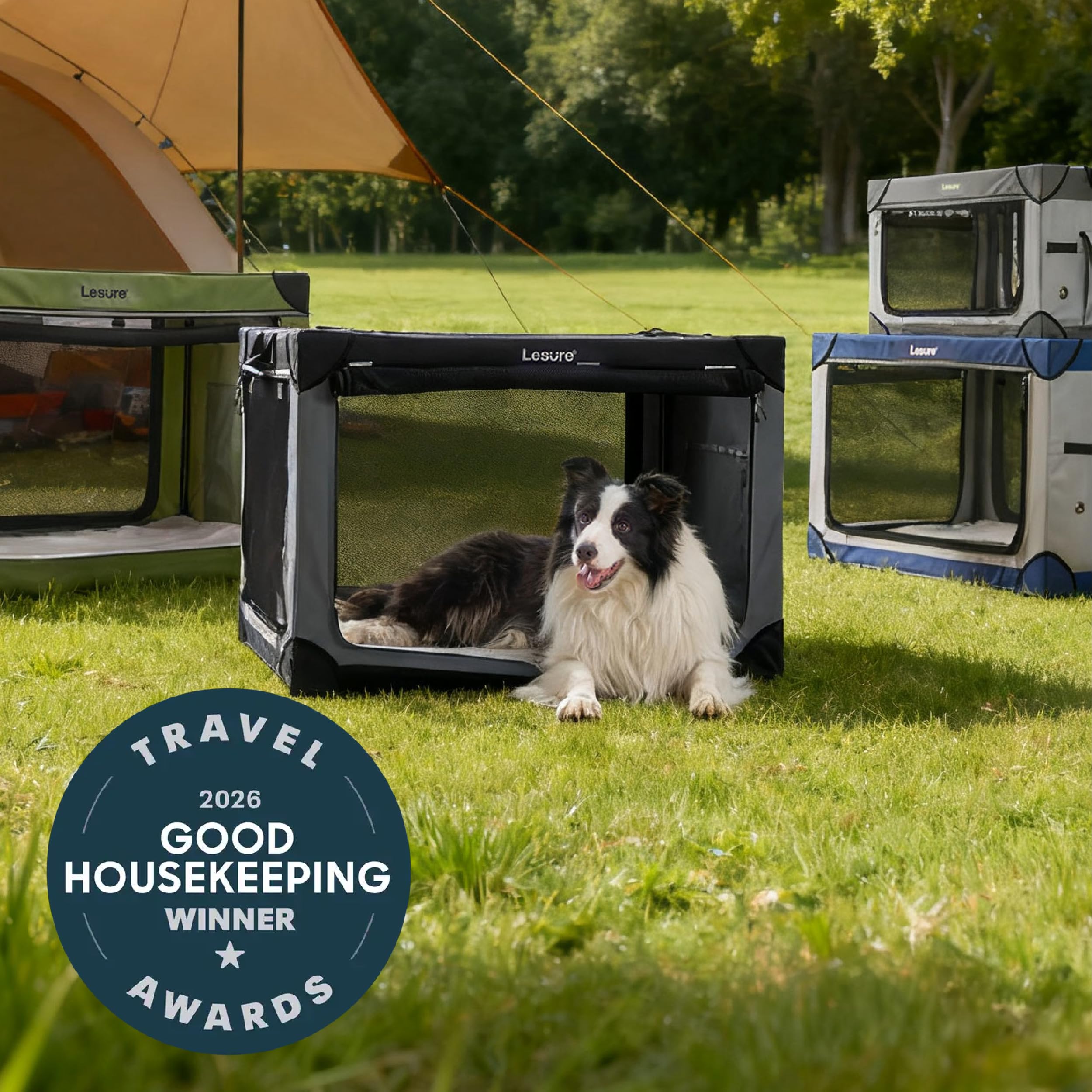 LE SURE cage pour chien quatre portes pliable, facile à transport et configuration rapide.