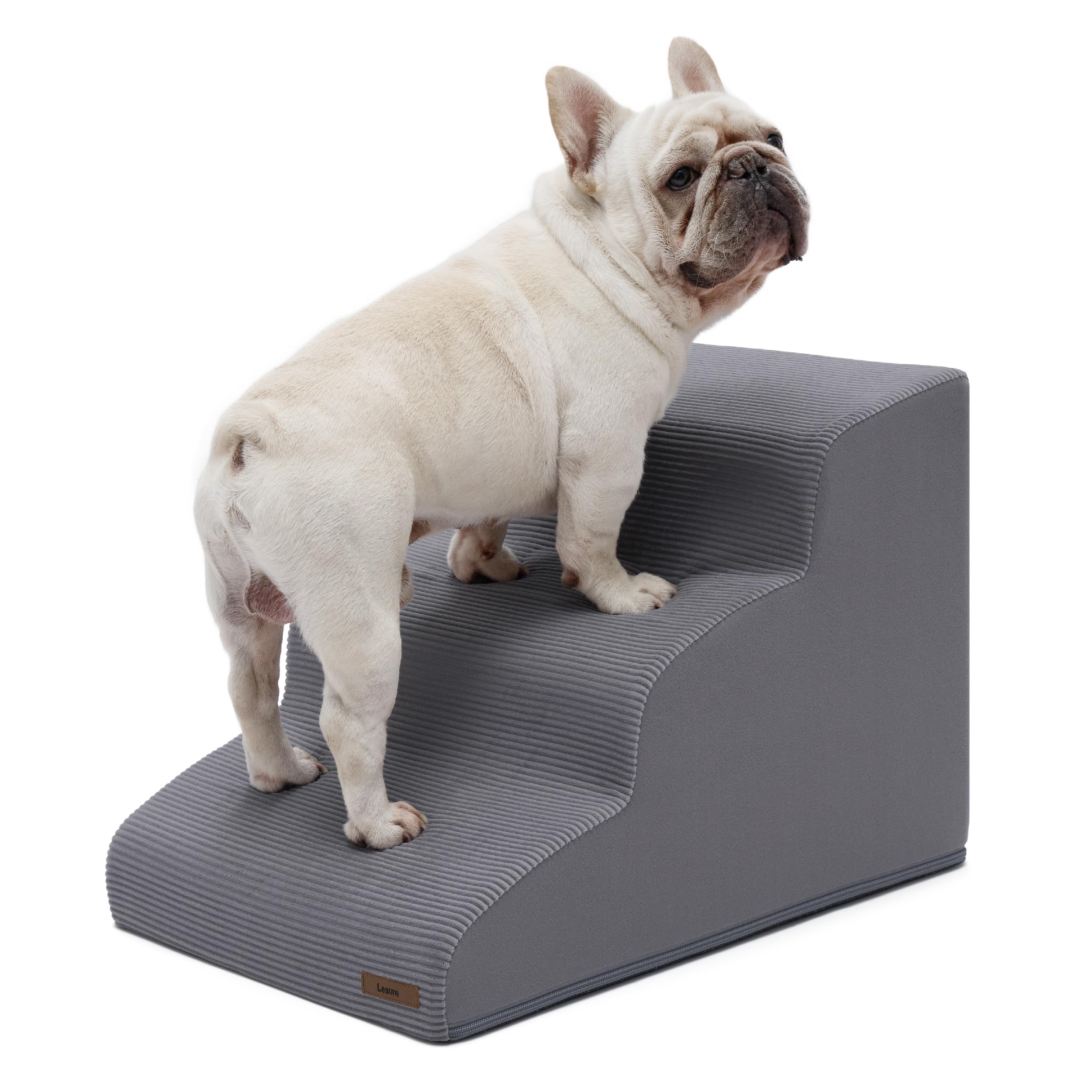 Lesure escaliers chien chat gris, trois marches pour accéder au lit avec confort.
