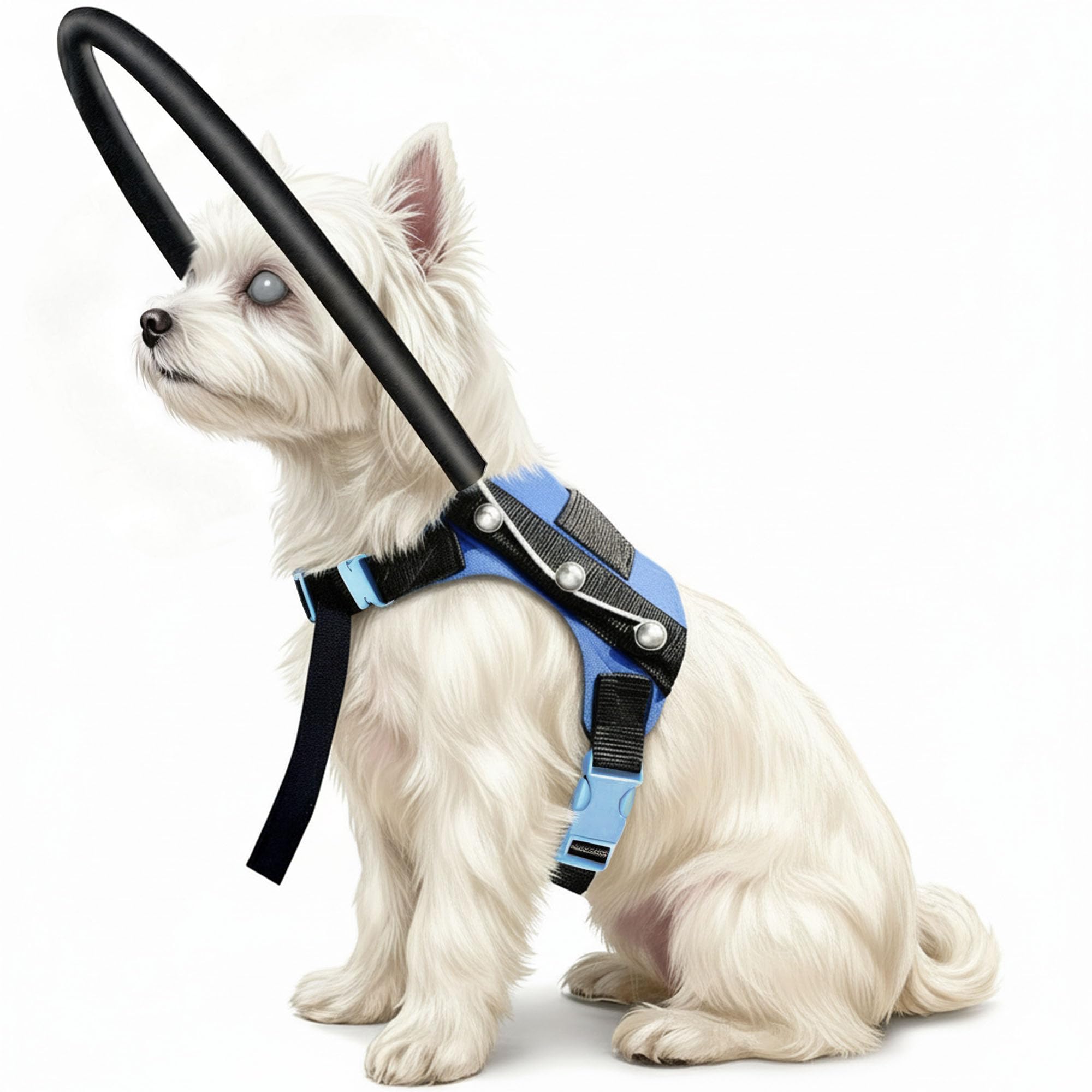 LetPetRun blind dog halo harness front view, secure fit for vision-impaired pets.
