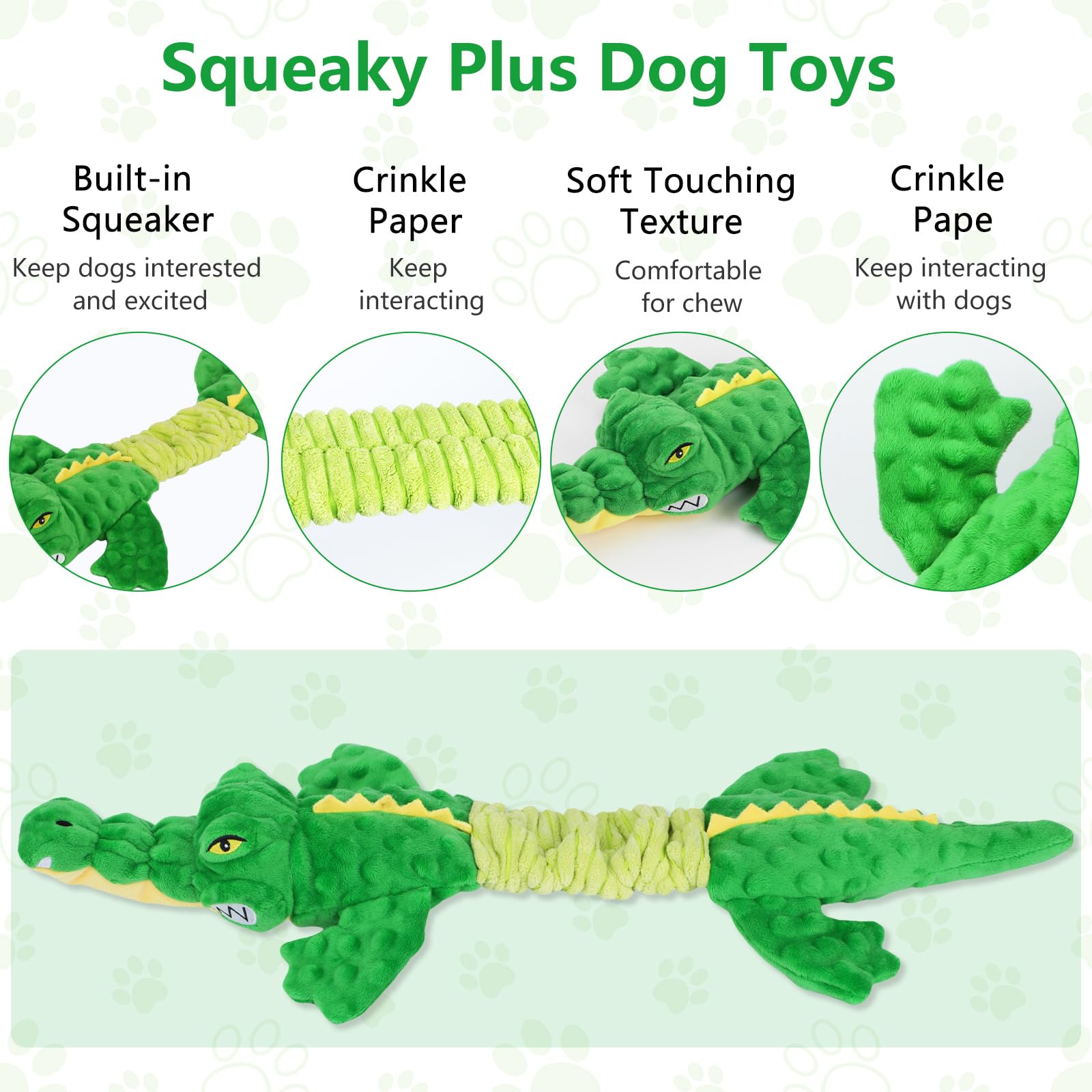 Jouet Letsmeet chien alligator avec papier bruissant intérieur, divertissement auditif.
