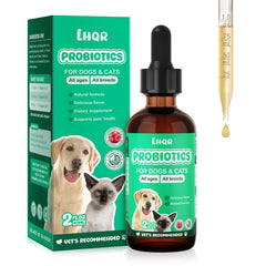 LHQR liquide probiotiques pour chiens et chats en bouteille favorisant une digestion équilibrée.