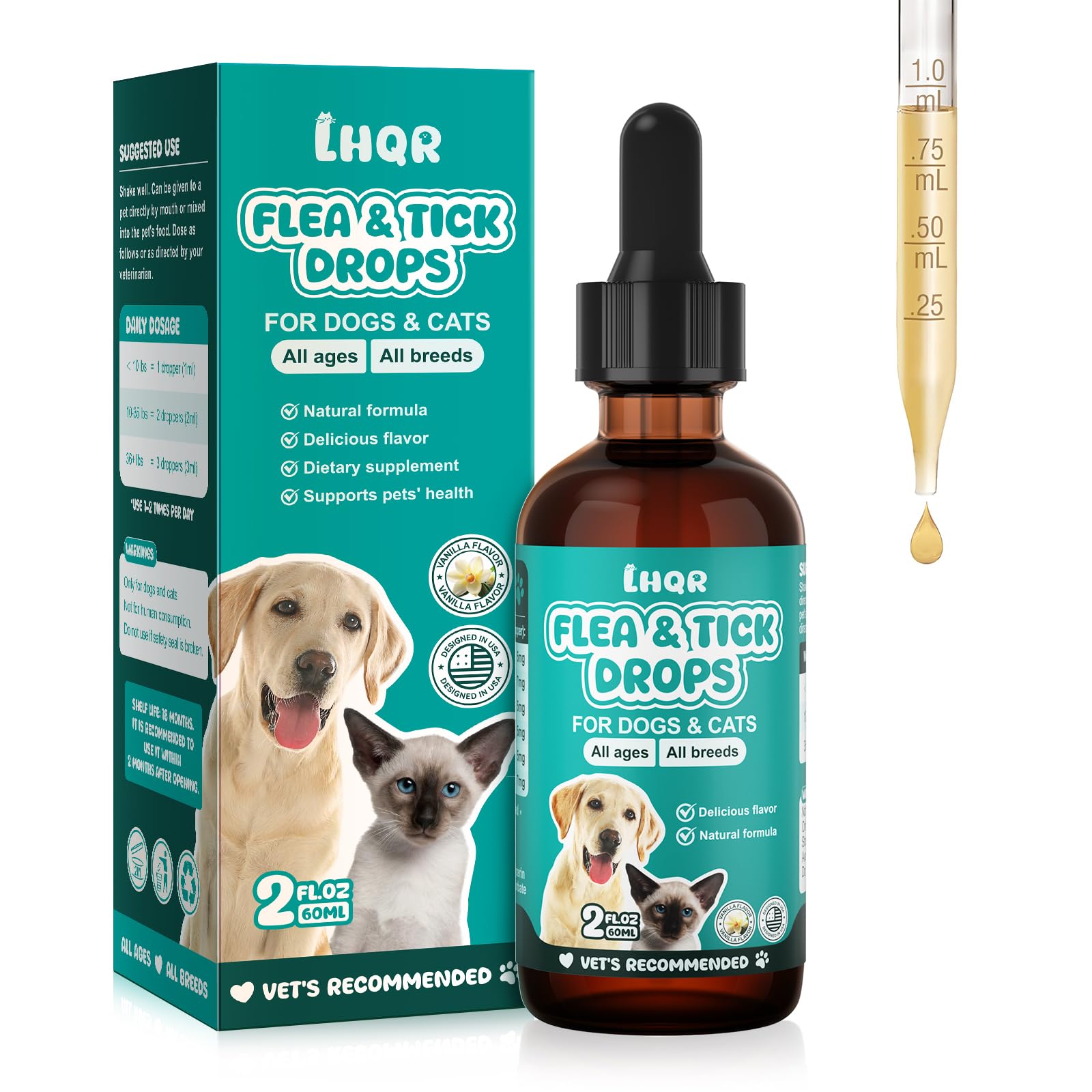 LHQR soutient puces et tiques, bouteille vanille, 60ml, démonstration produit