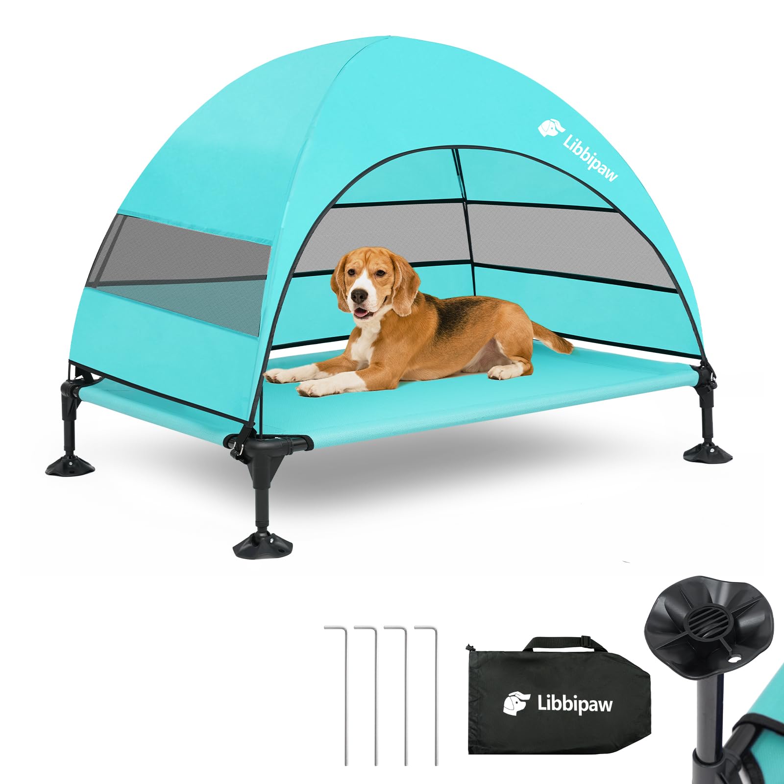 Libbipaw lit elevate bleu avec canopée: protection UV et ombre pour votre chien.