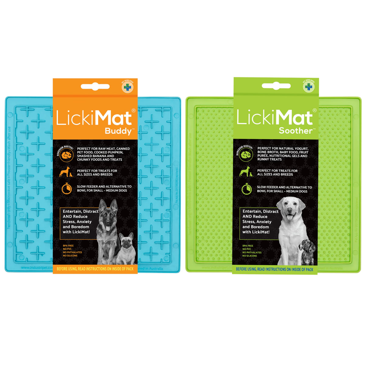 LickiMat 8x8 en duo vert turquoise, apaisant lors des repas lents.