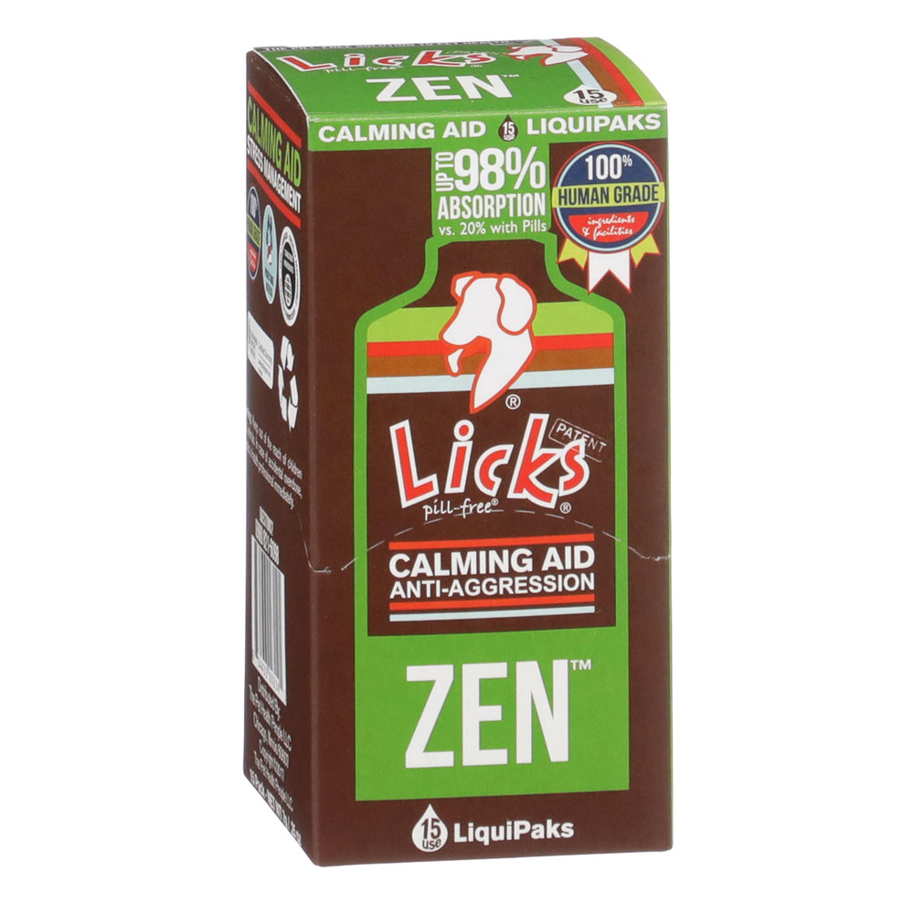 Licks Dog Zen – bouteille-calme, aide potentiellement à apaiser le chien lors de situations anxieuses.