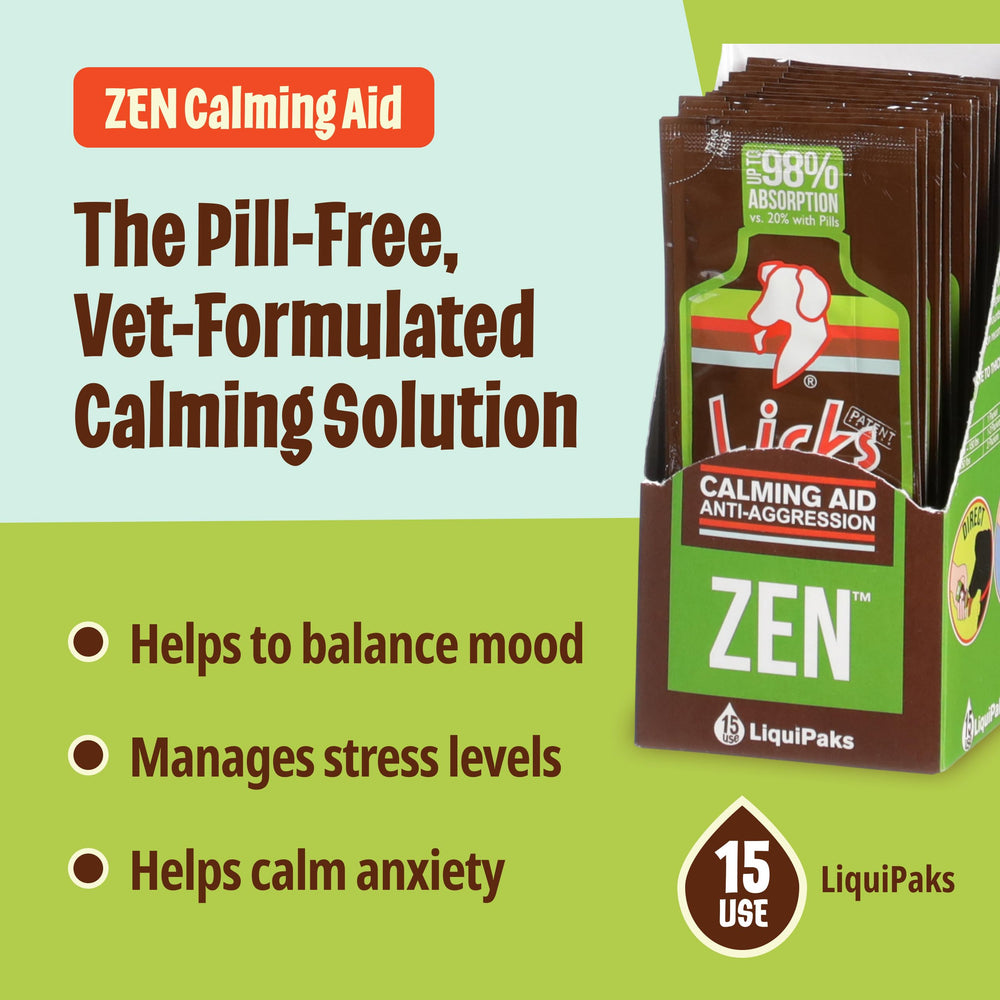 Licks Pill Free Zen Chien – gel-pack apaisant lors de visites vétérinaires et feux d'artifice.