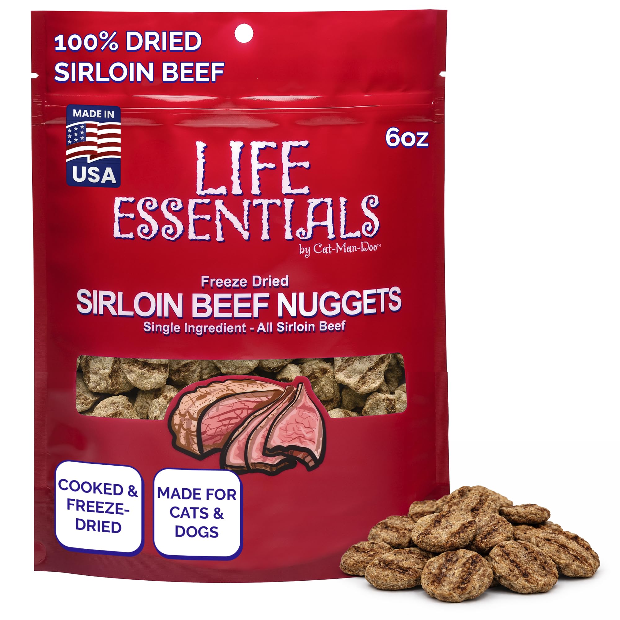 Life Essentials par Cat-Man-Doo - Nuggets de boeuf sirloin lyophilisés, en-cas protéiné pour l'entraînement canin.