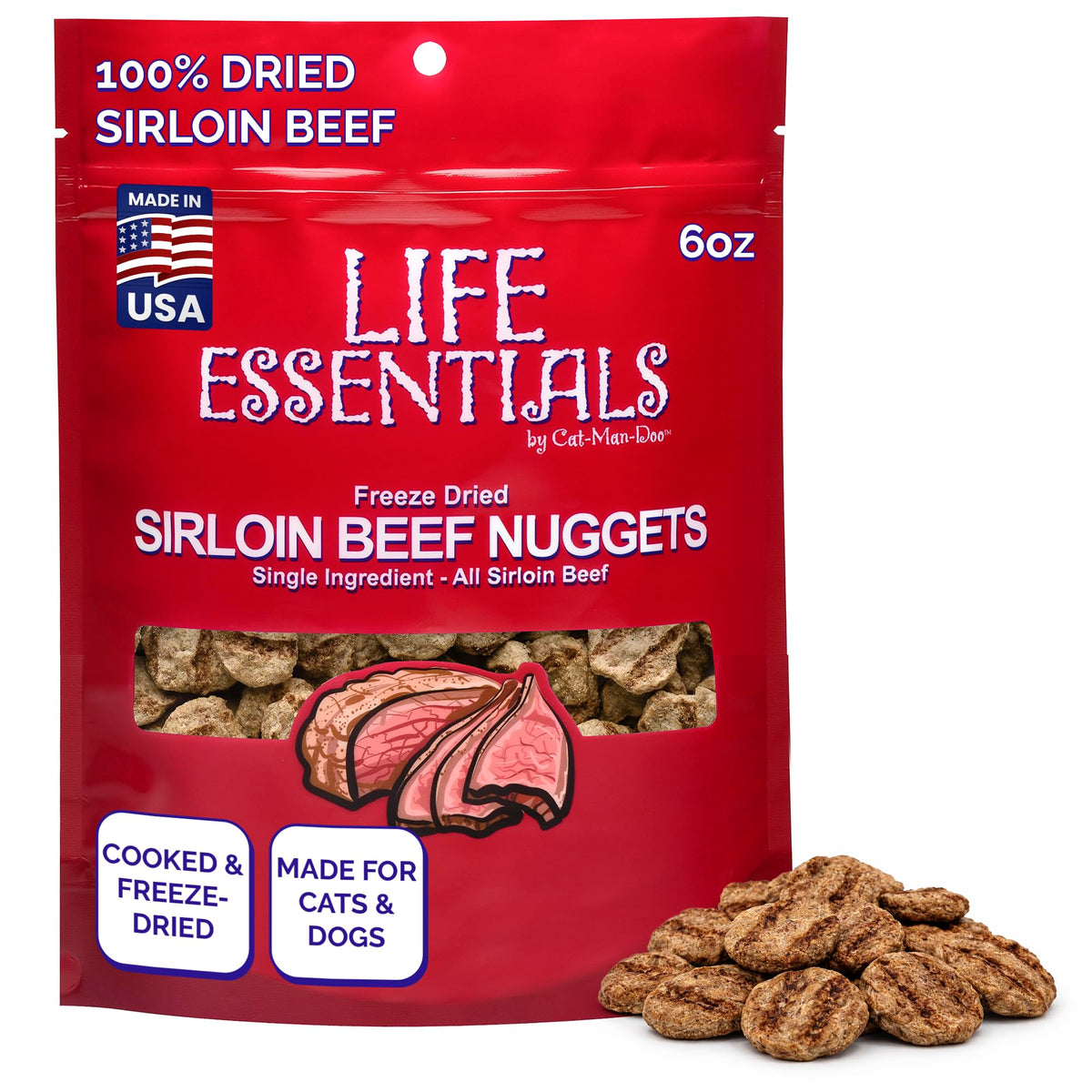 Life Essentials par Cat-Man-Doo - Nuggets de boeuf sirloin lyophilisés, en-cas protéiné pour l'entraînement canin.