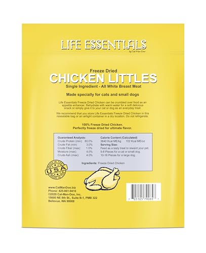 Life Essentials Chicken Littles, ingrédient unique poulet lyophilisé, récompenses simples et saines pour l'entraînement.