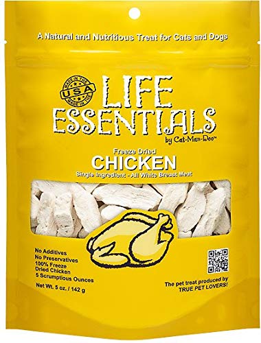 Life Essentials Cat-Man-Doo – Morceaux poulet lyophilisé, récompense protéinée rapide pour chiens et chats.