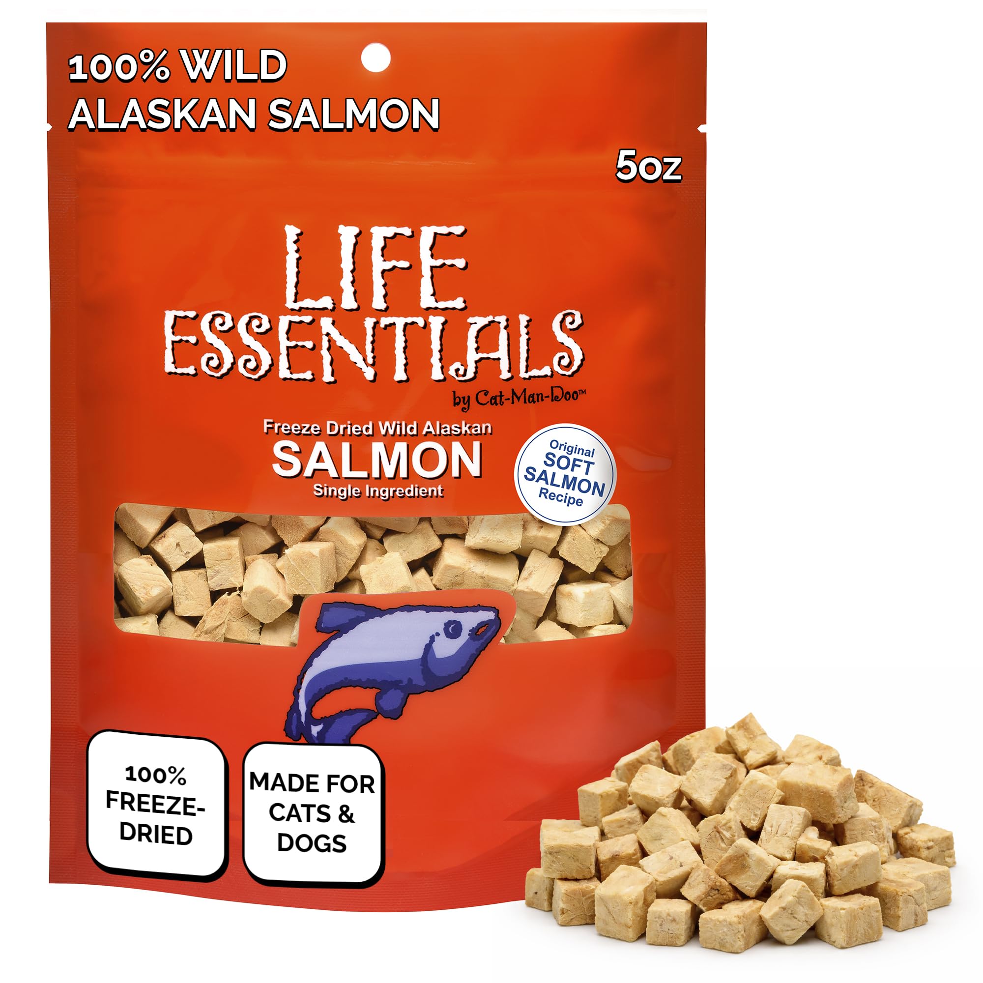 Life Essentials saumon sauvage friandise séchée, saveur naturelle et protéine élevée pour chiens et chats.