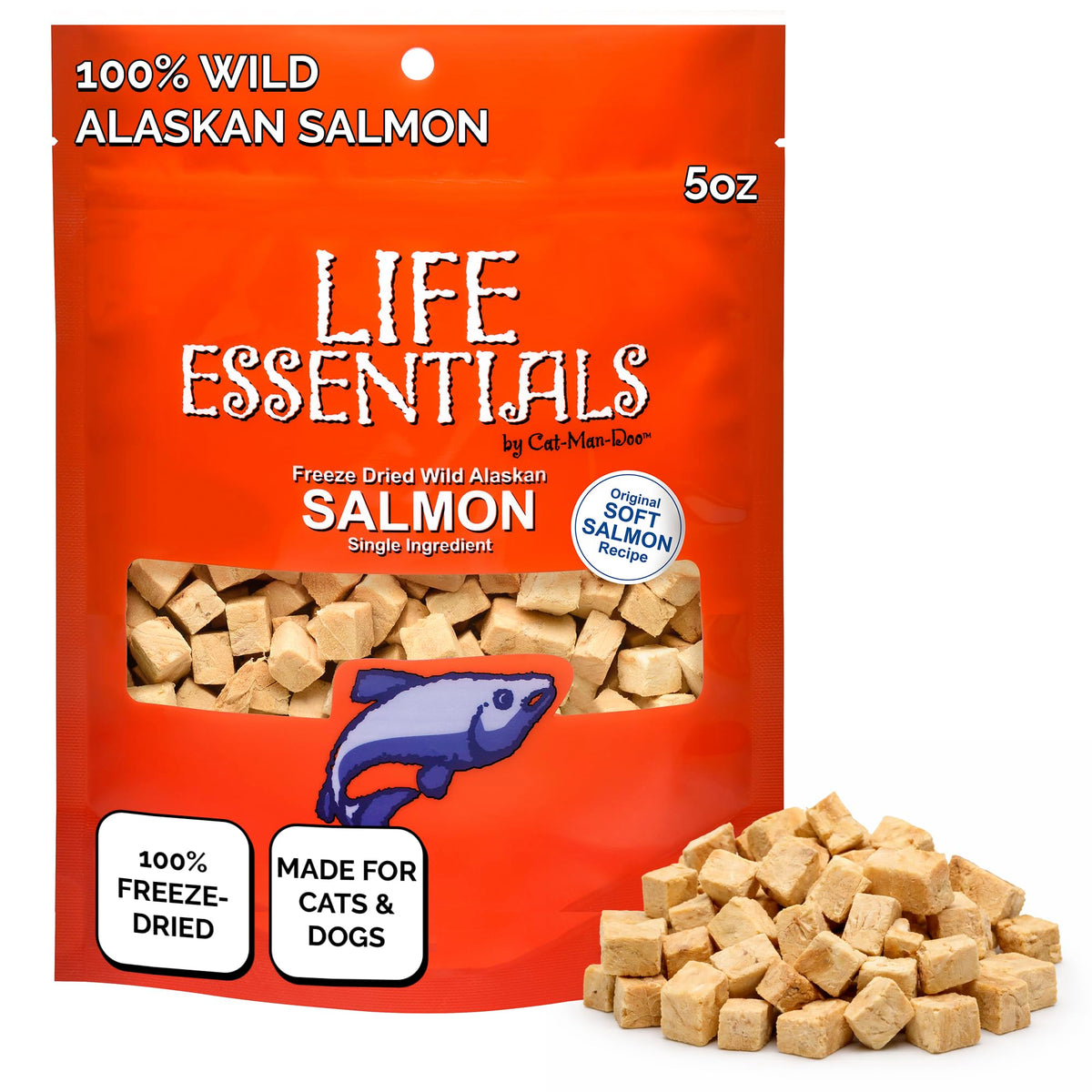 Life Essentials saumon sauvage friandise séchée, saveur naturelle et protéine élevée pour chiens et chats.