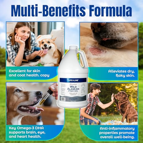 Life Line Pet Nutrition huile poisson Alaska, pelage éclatant et peau hydratée pour chiens et chats.