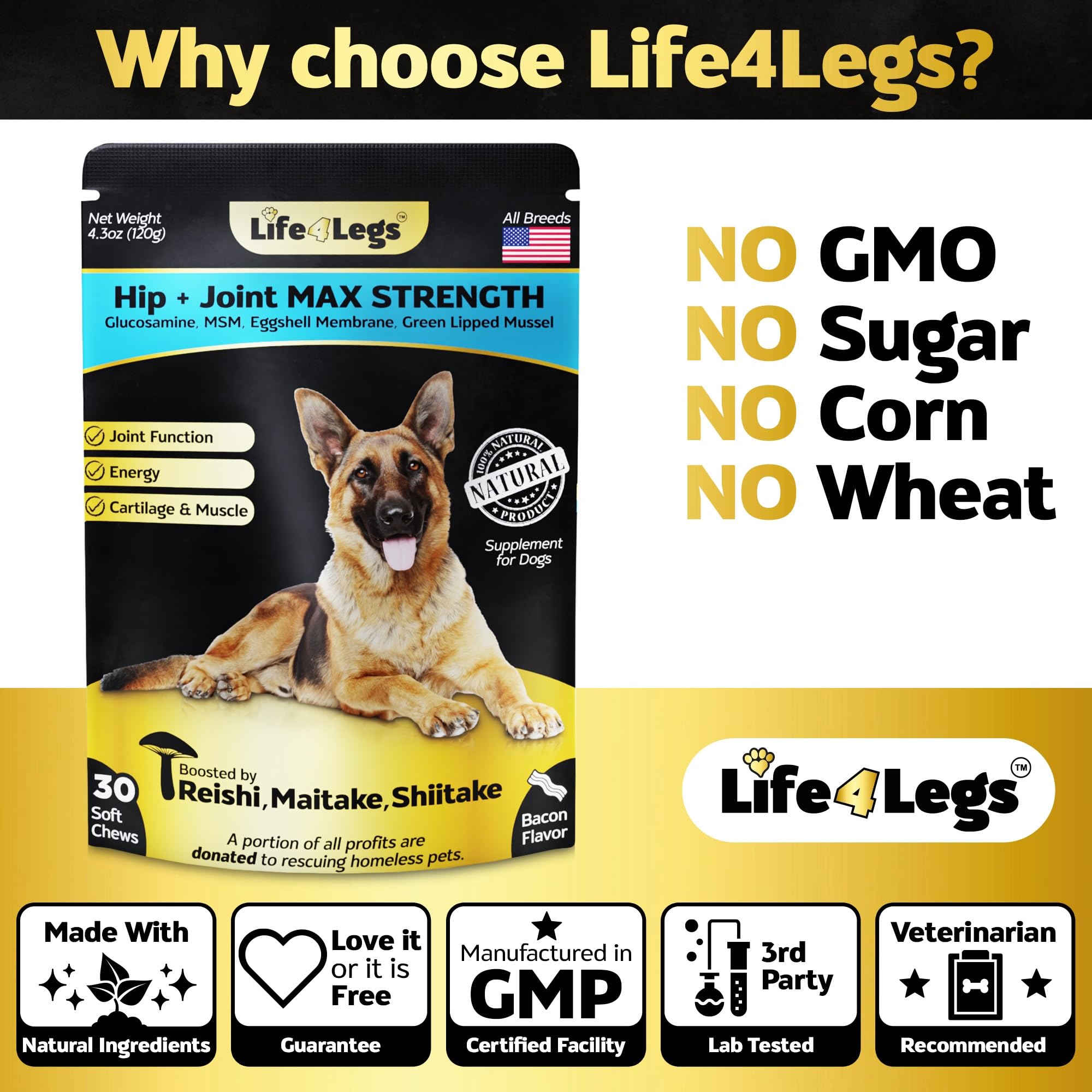 Life4Legs omega-acide-hyaluronique articulations, lubrification et flexibilité potentielles.