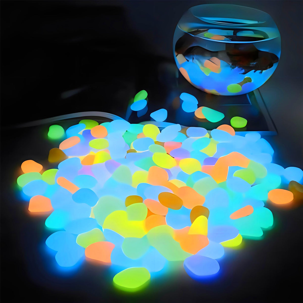 Galets lumineux lifebestone pour aquarium, apportant un éclat vif et sûr au décor nocturne.
