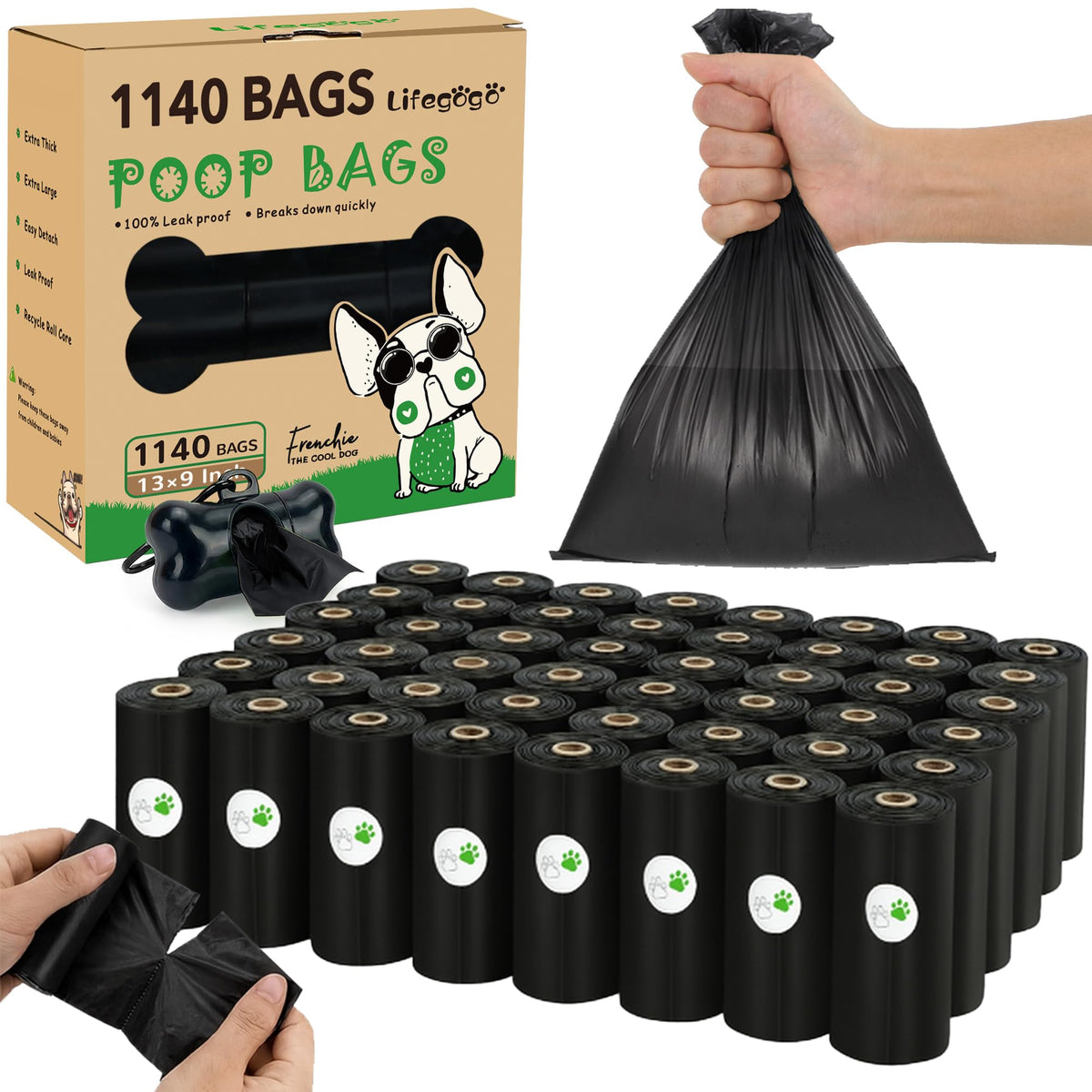 Lifegogo sacs déjections chien avec distributeur os, pratique lors des promenades.