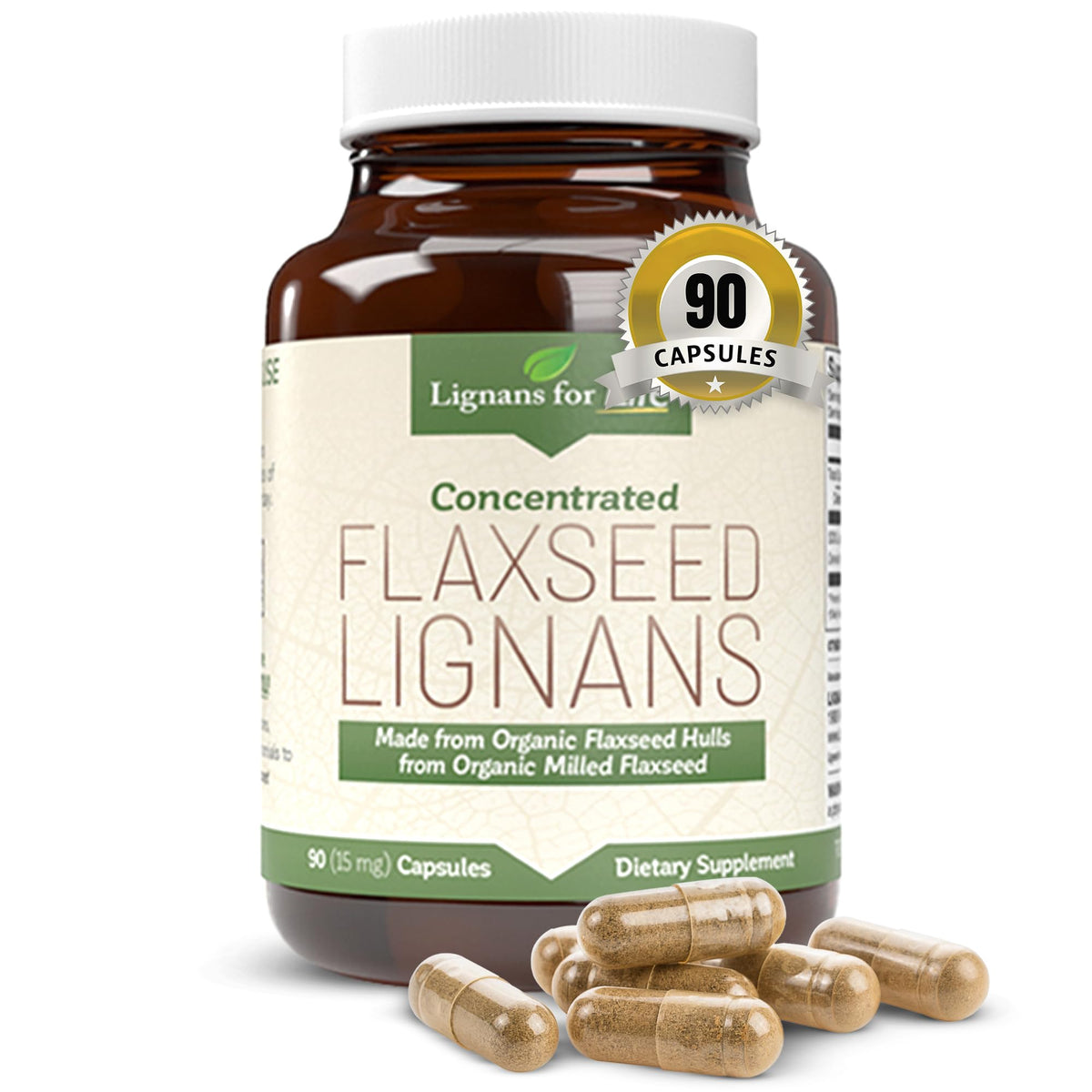 Lignans For Life : bouteille de capsules, soutien hormonal potentiel et bien-être général.