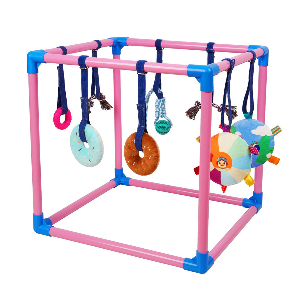 Liitrton Puppy Play Gym rose avec 8 jouets suspendus, stimulation sensorielle pour chiots.