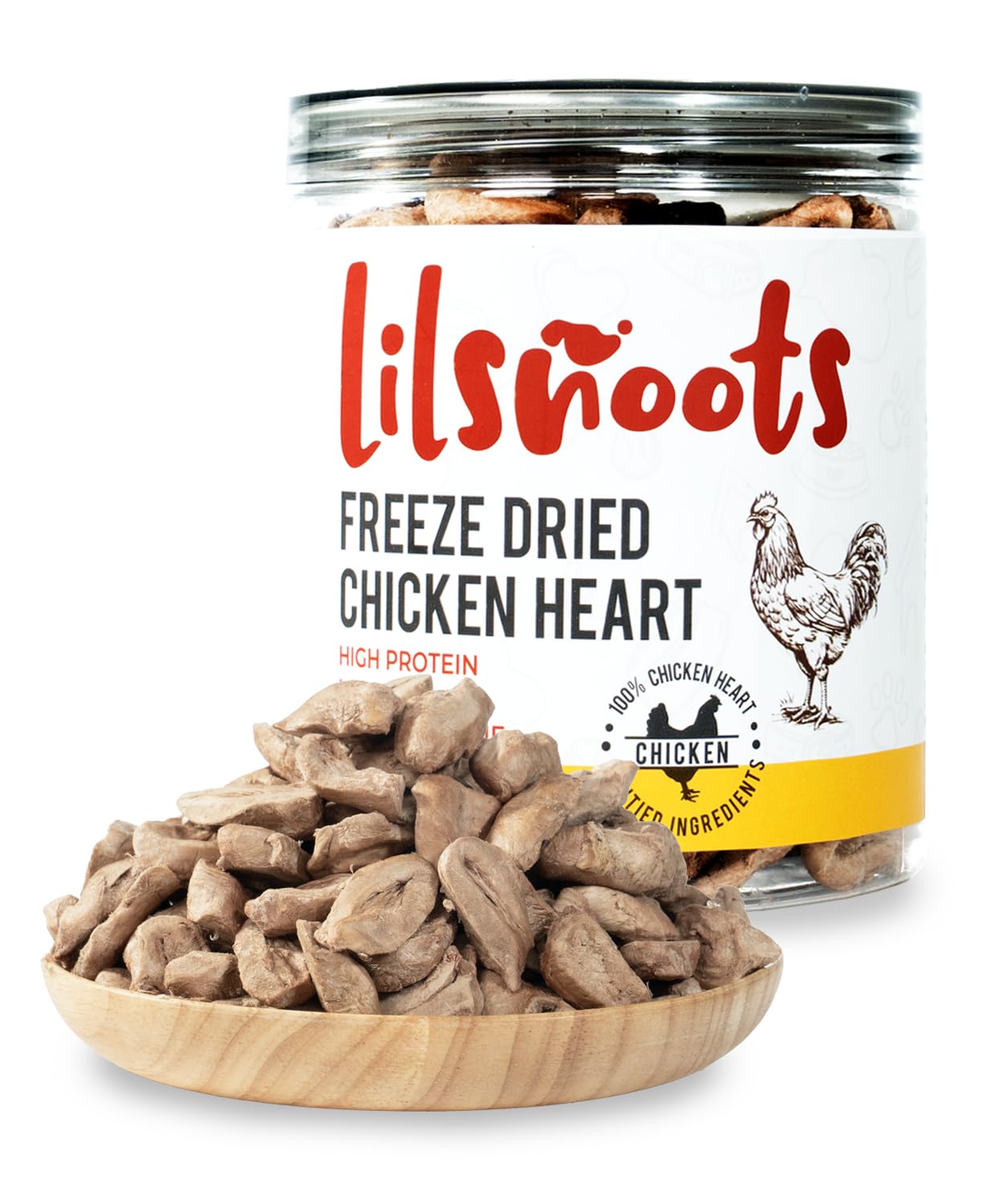 Bocal LILSNOOTS avec coeurs de poulet lyophilisés, friandise naturelle.