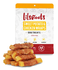 Friandise LILSNOOTS poulet enrobé patate douce, vue rapprochée, récompense idéale pour le dressage.
