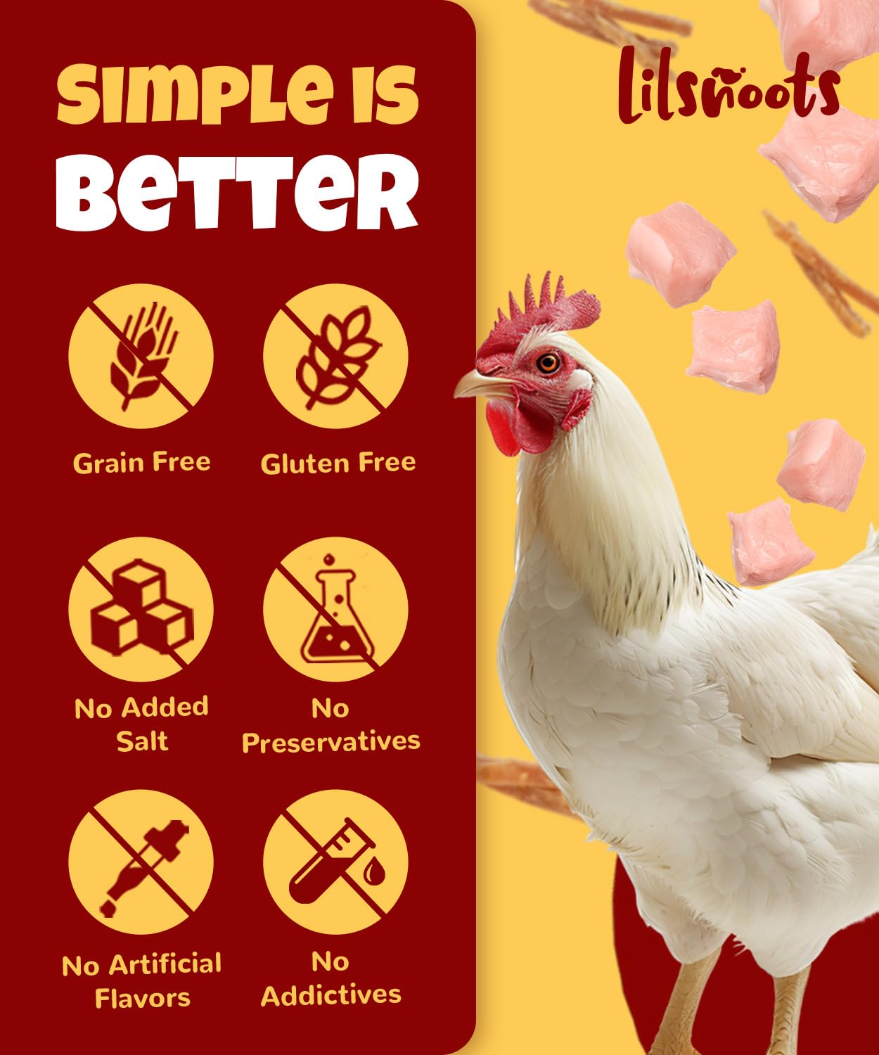 Texture douce des tranches de poulet LILSNOOTS, facile a mâcher pour chiens