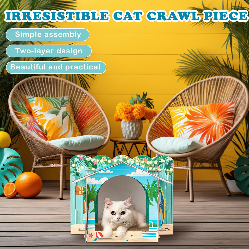 Lineshading – chat joue dans la maison carton Hawaii, espace cosy.