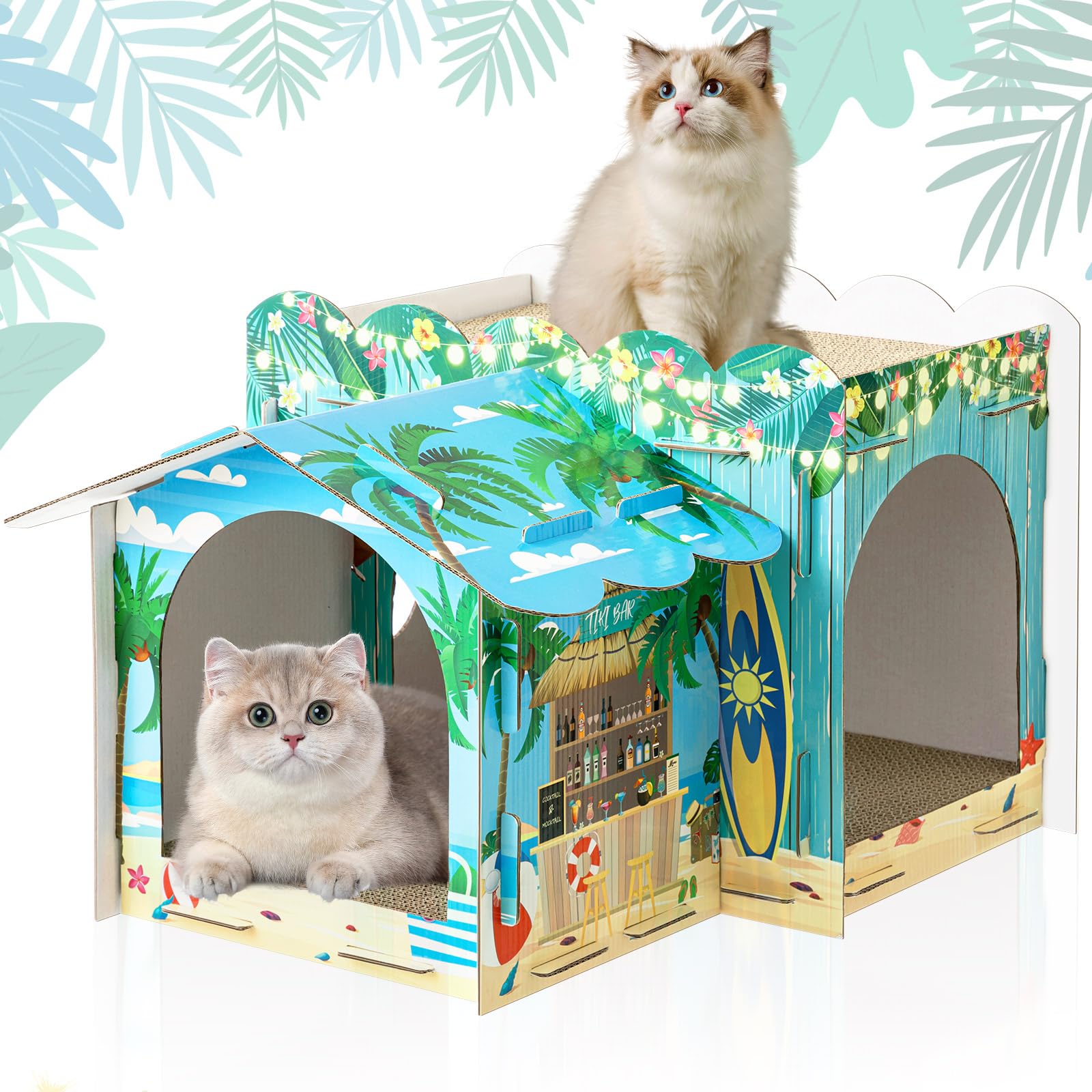 Lineshading – maison chat carton 2 étages Hawaii, espace sûr pour jeux et repos.