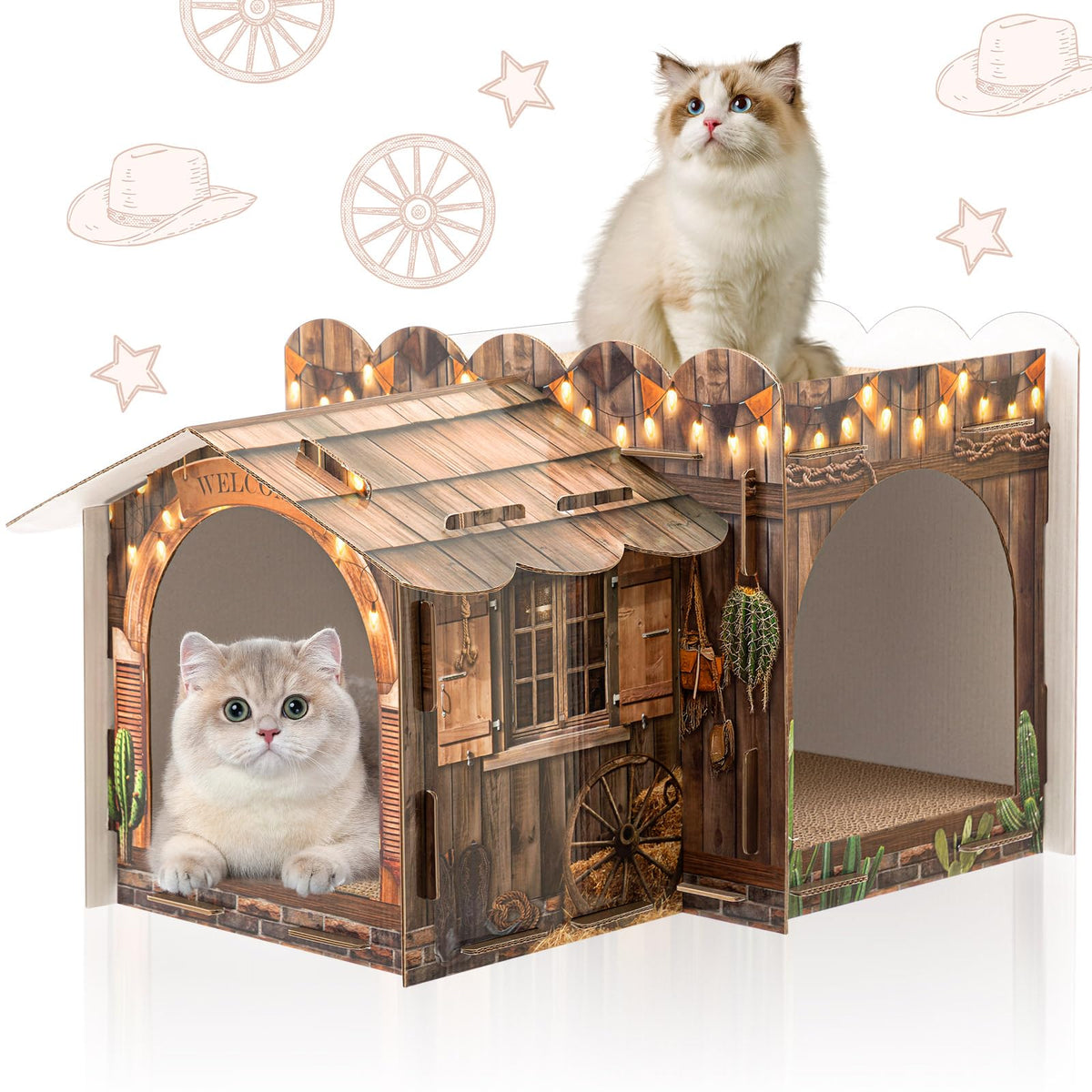 Lineshading, maison chat carton deux étages pour jeux et repos.