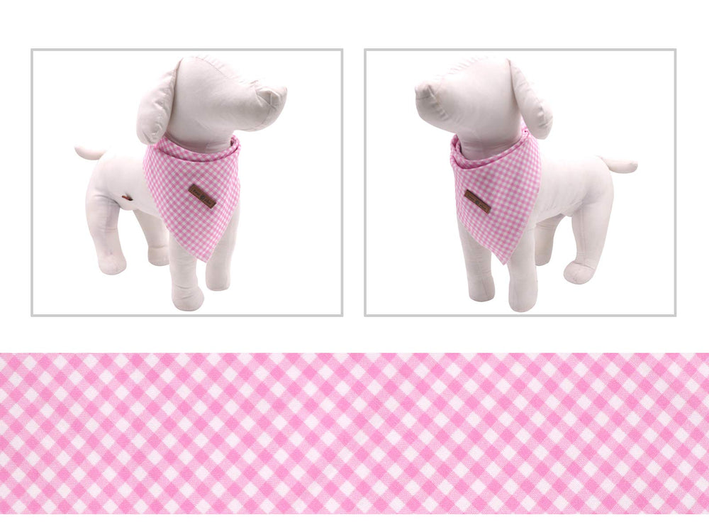 Bandana ajustable Lionet Paws rose motif carreaux, convient pour petits et moyens chiens.