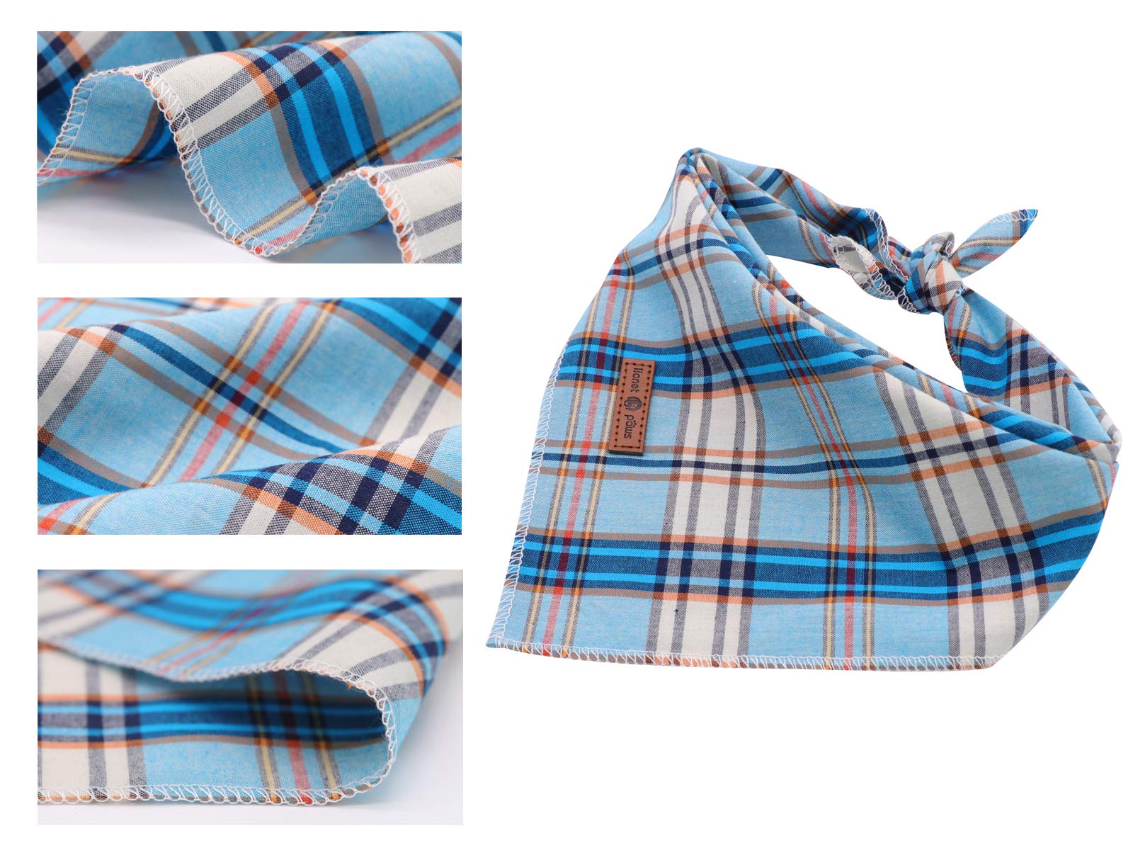 Foulard Lionet Paws coordonné à des colliers et laisses bleus plaid.