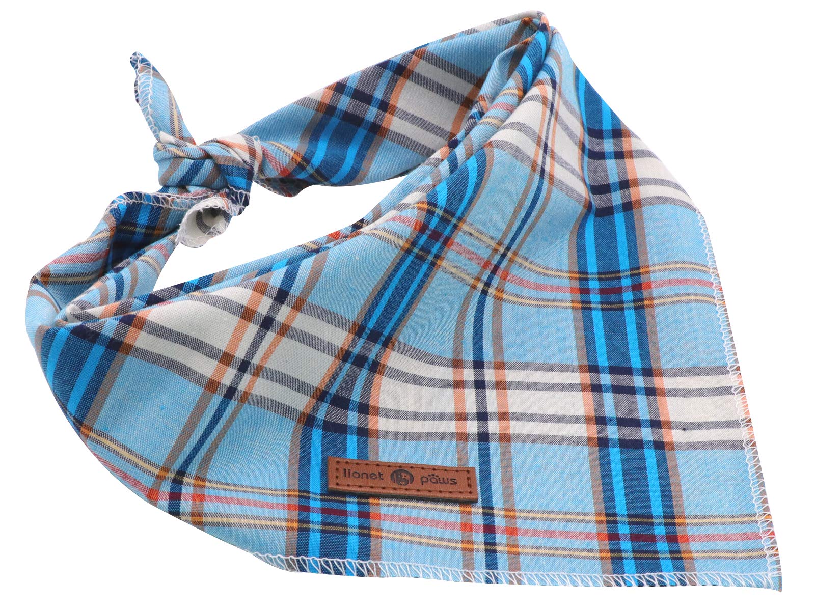 Foulard Lionet Paws coton bleu plaid, parfait pour balades et sorties.