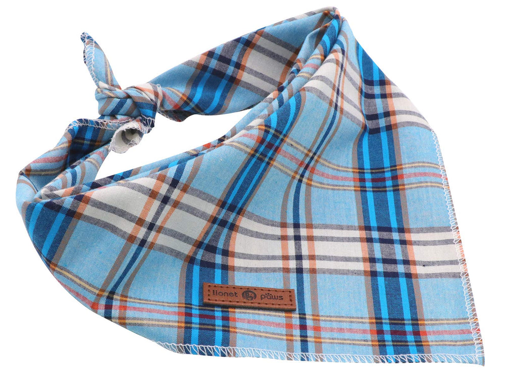 Foulard Lionet Paws coton bleu plaid, parfait pour balades et sorties.