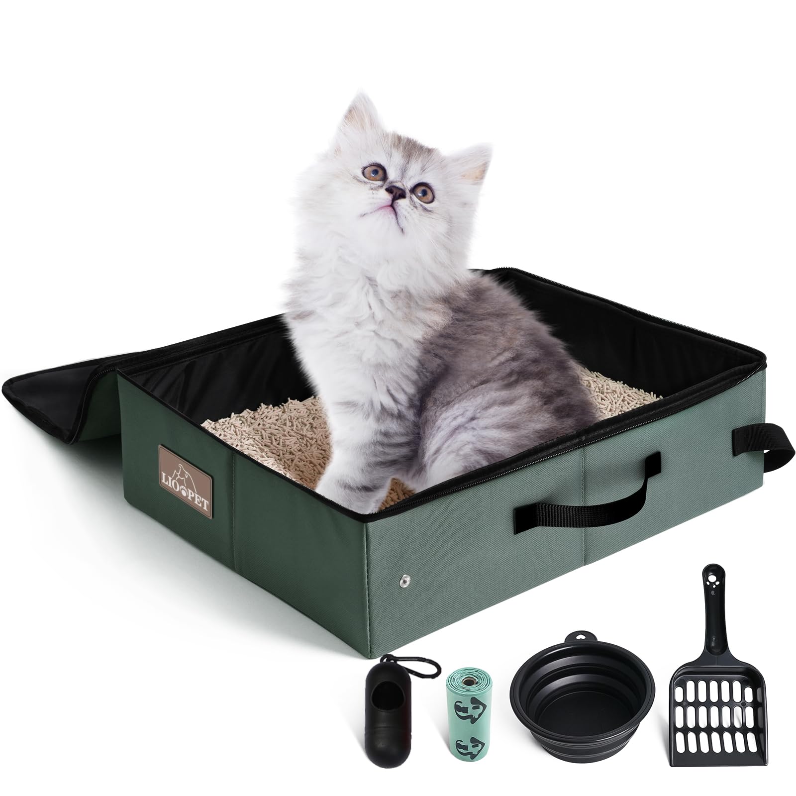 Boîte litière LIOOPET ouverte, espace confortable pour chat en voyage.