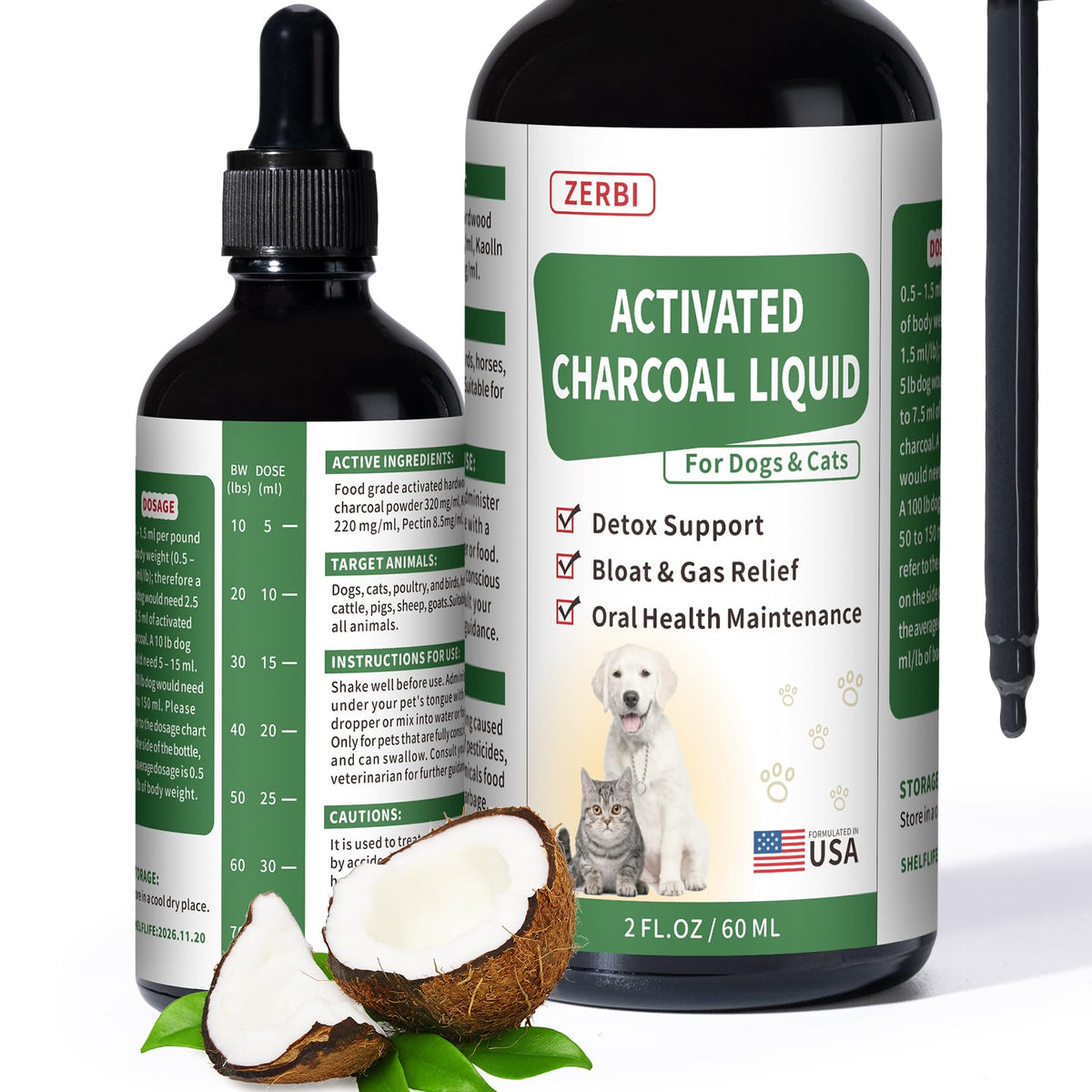 Liovsiso Charbon Actif Chiens – bouteille gel, absorption rapide des toxines potentielles.