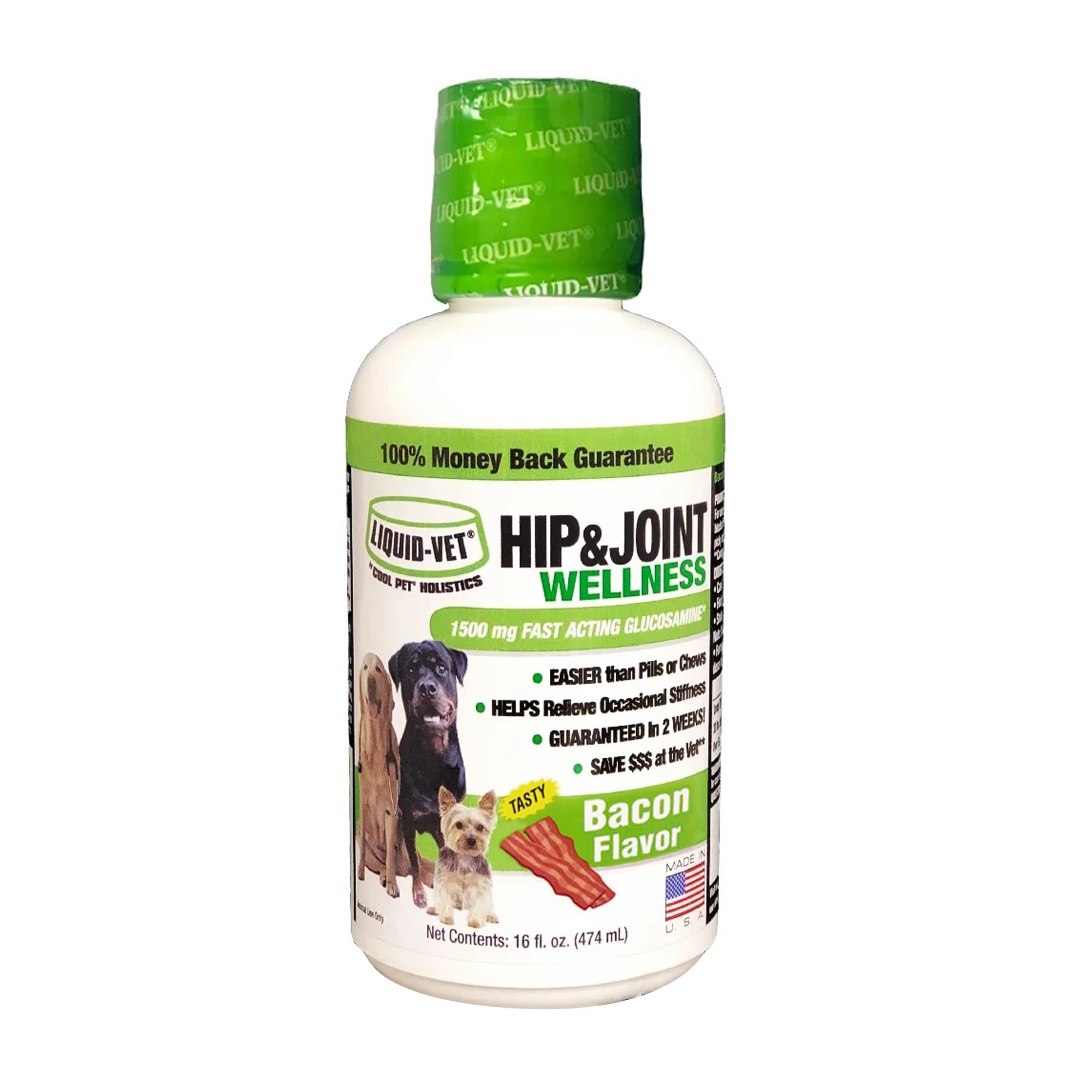 Bouteille LIQUID-VET K9 pour hanches et articulations, saveur bacon et dose facile.