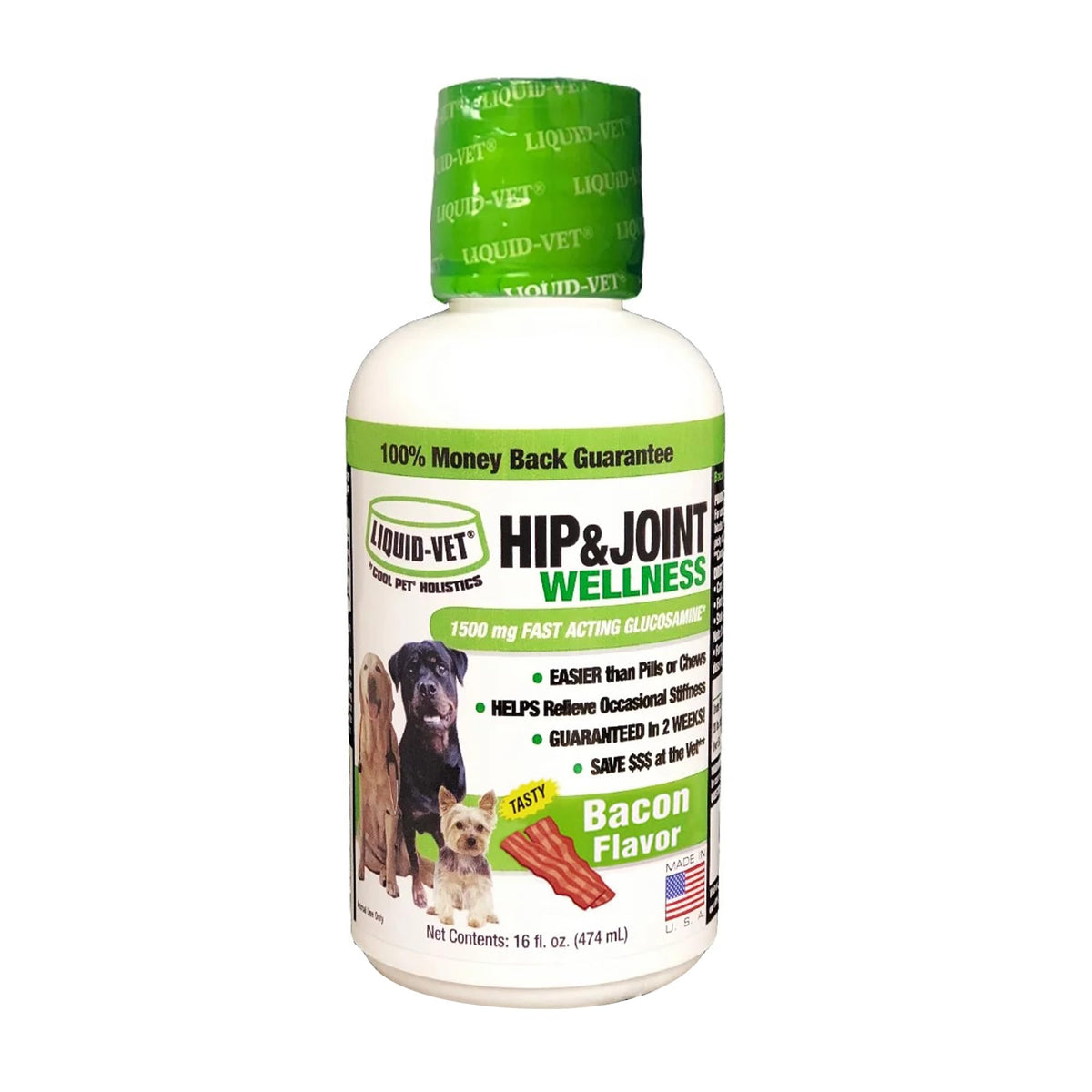Bouteille LIQUID-VET K9 pour hanches et articulations, saveur bacon et dose facile.