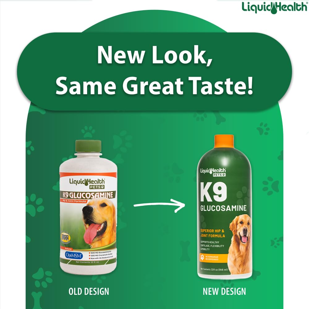 LIQUIDHEALTH K9 chondroïtine – flacon évoquant flexion articulaire et confort.
