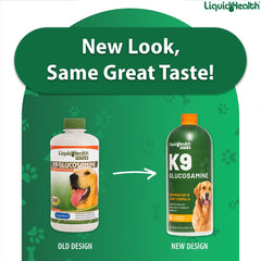 LIQUIDHEALTH K9 chondroïtine – flacon évoquant flexion articulaire et confort.
