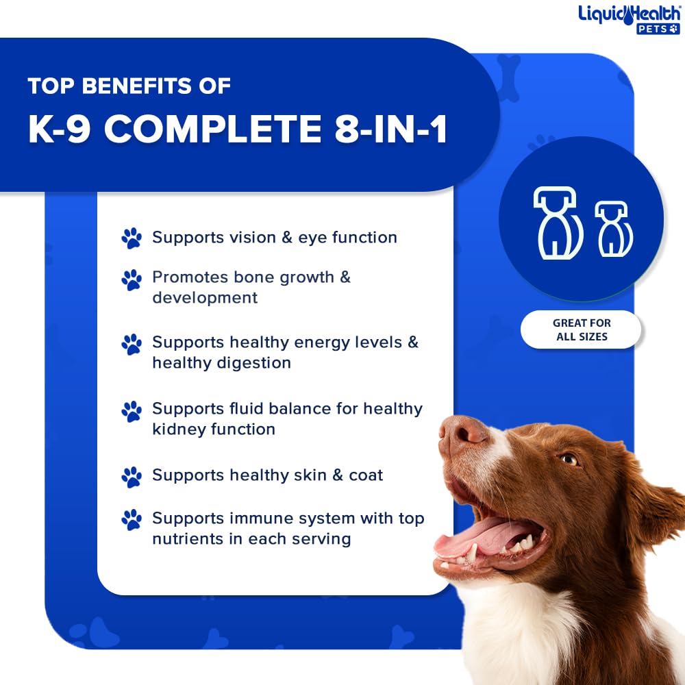 LiquidHealth K9 Complete : liquide prêt à verser avec absorption rapide.