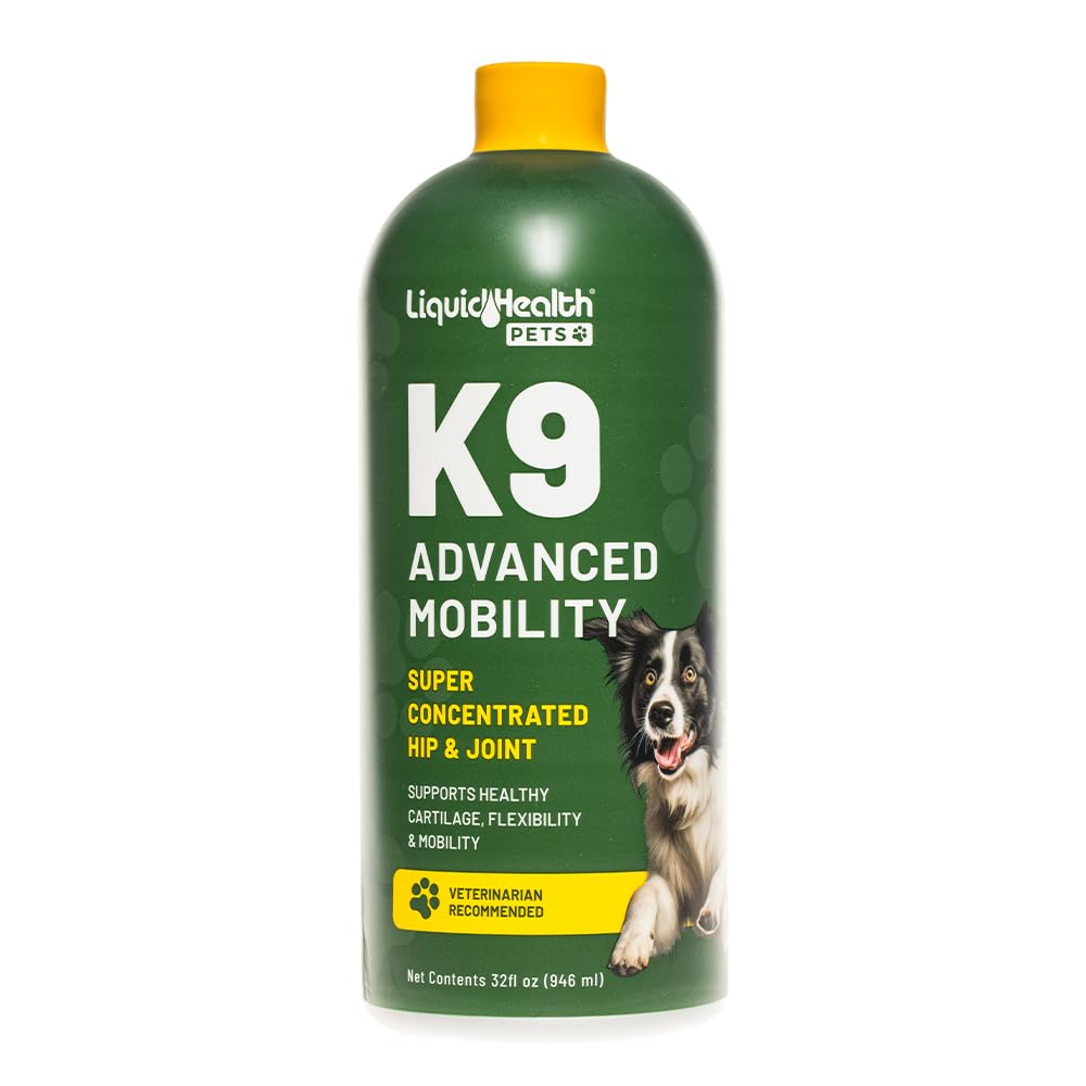 Flacon LIQUIDHEALTH K9 Mobilité prêt à soutenir les articulations du chien.