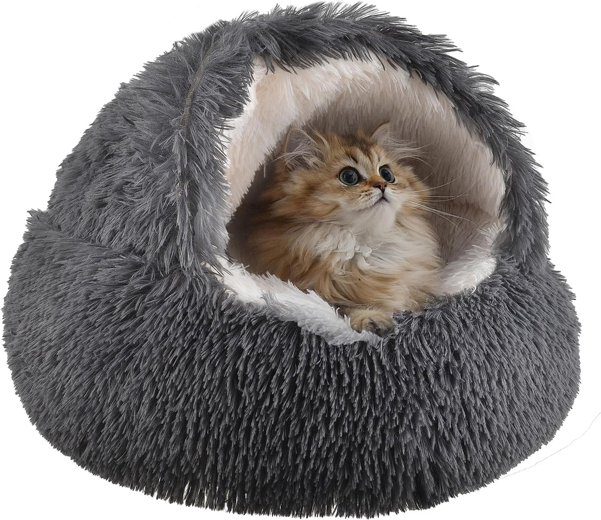 Lit chat rond peluche capuche: cocon réconfortant pour chats et petits chiens.