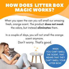 Litter Box Magic bocal odorant litière orange conçu pour usage domestique sûr.