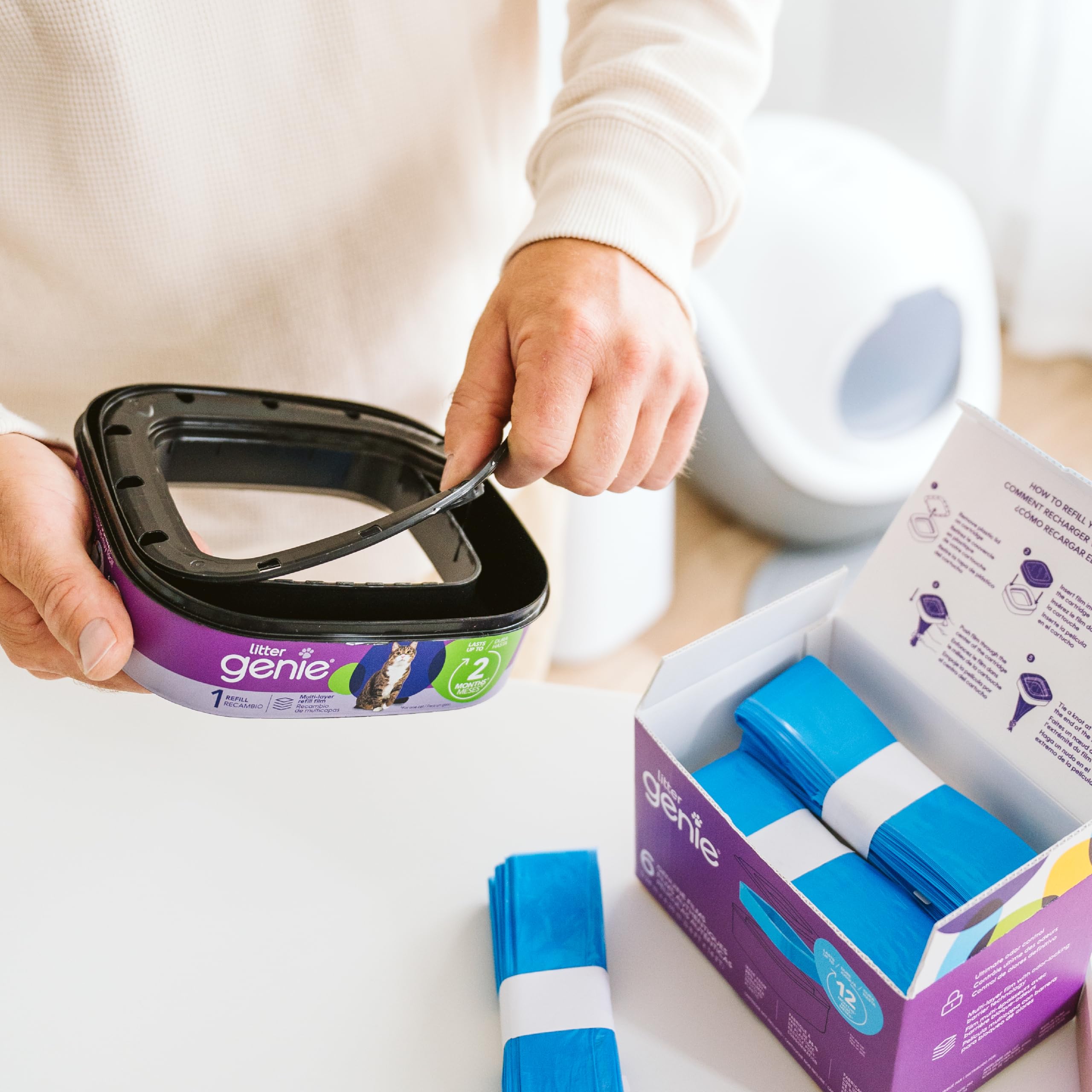 Litter Genie – compatibilité avec cartouches standard et jumbo pour réutilisation facile.